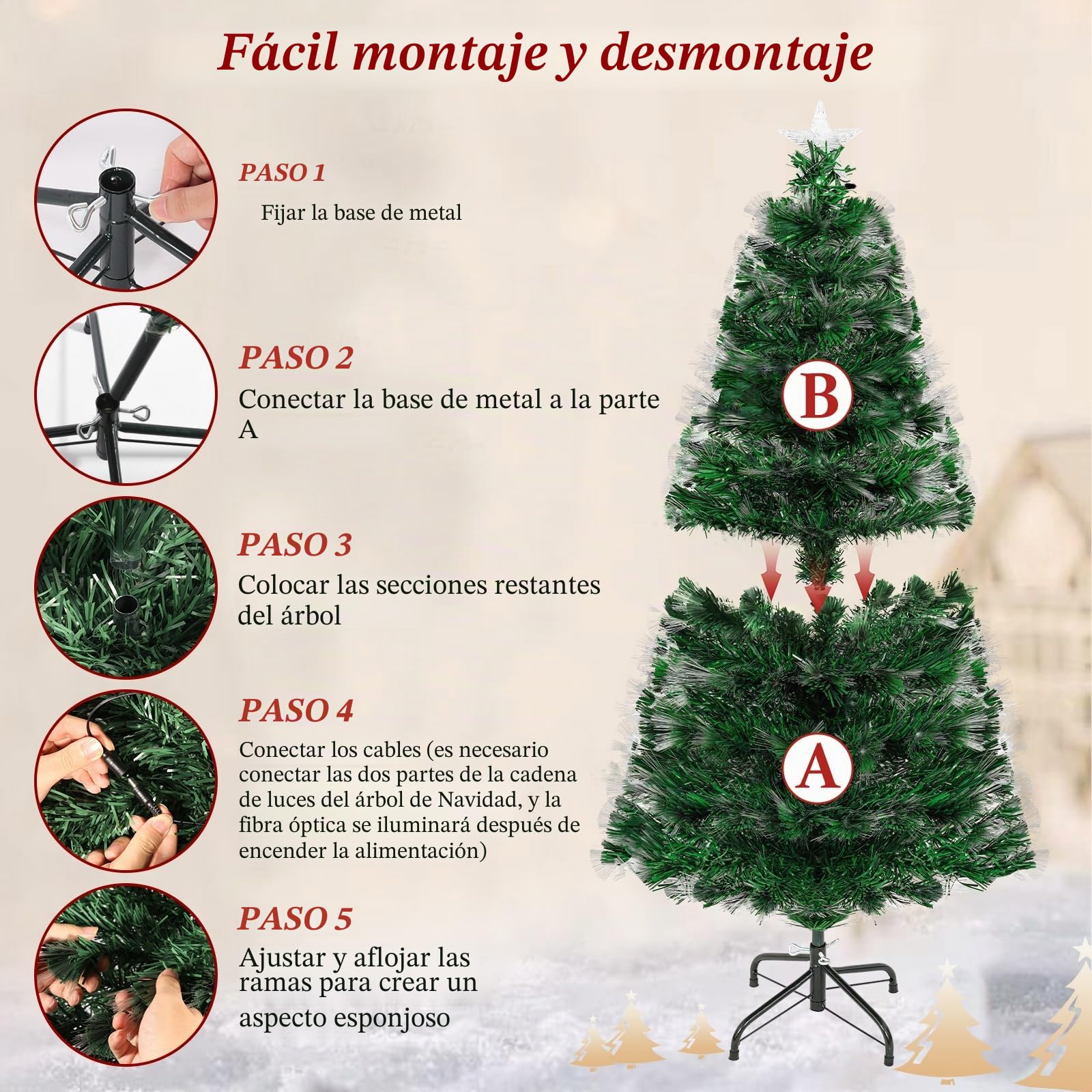 Árbol de Navidad 180, Uten arvore de Natal de Fibra Óptica con Luces Integradas LED Multicolor, 170 Puntas de PVC, Arvore de Natal con Base Metálica