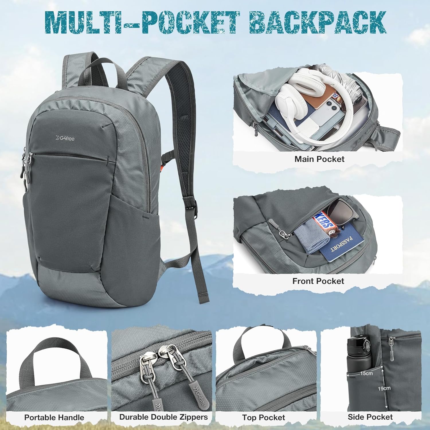 G4Free Small Hiking Backpack 20L Lightweight Foldable Packable Travel Daypack with Thickened Back Panel for Men Women (Grey)
