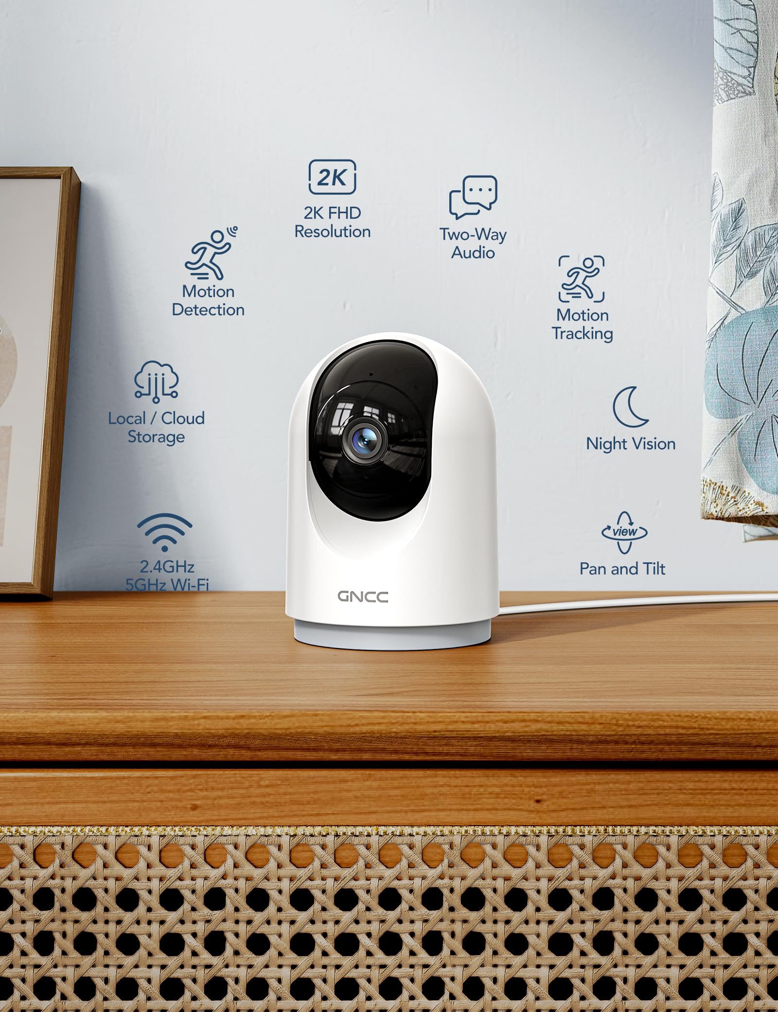 GNCC 2K Telecamera Wi-Fi Interno 2.4/5GHz Visione Notturna( — immagine 3 di 16