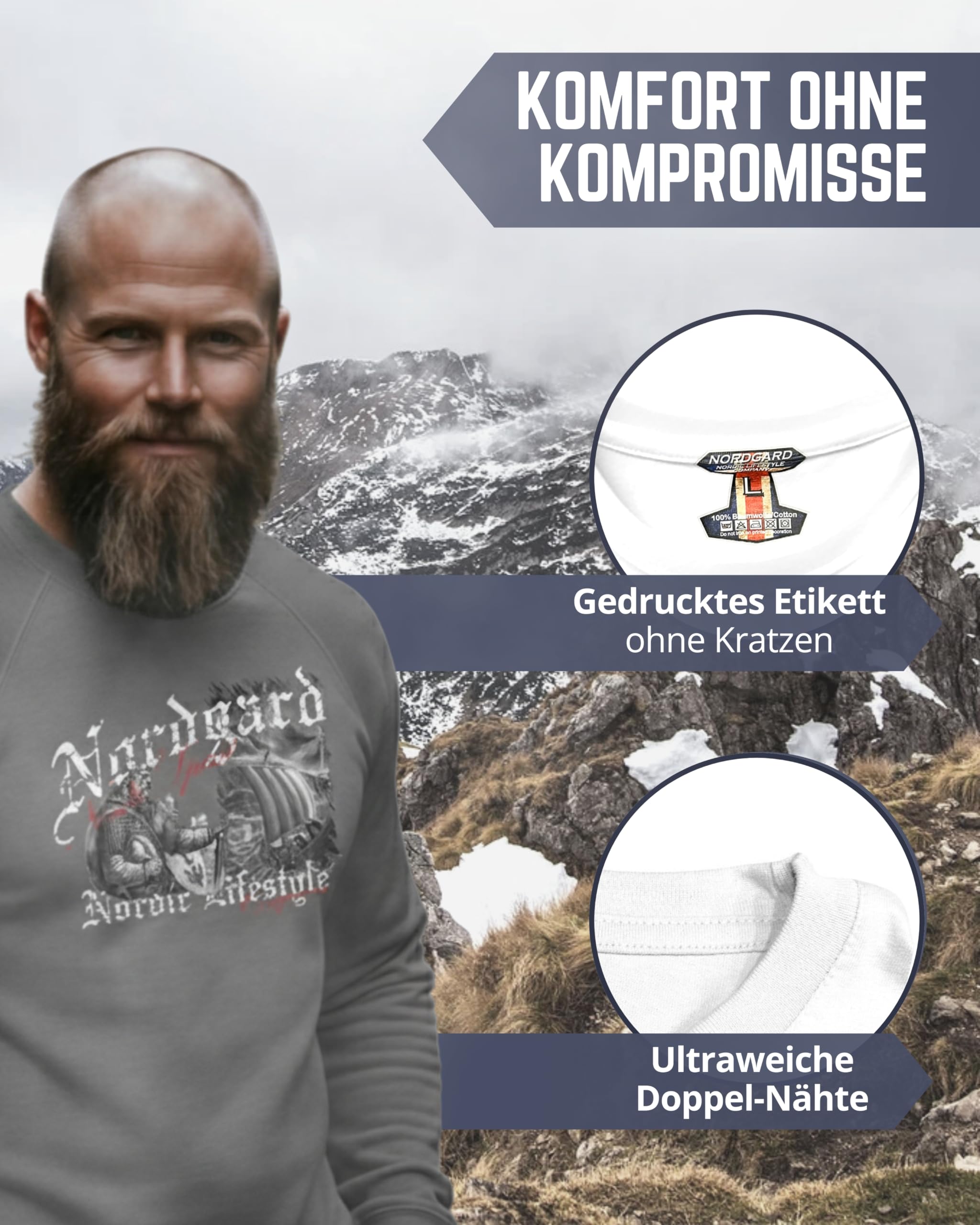 NORDGARD Viking Sweatshirt Hornung in Grau & Schwarz I Pulli aus 80% Baumwolle & 20% Polyester I Wikinger-Sweater mit Brustdruck I Ideal für Freizeit & Sport I Oeko-TEX Zertifiziert
