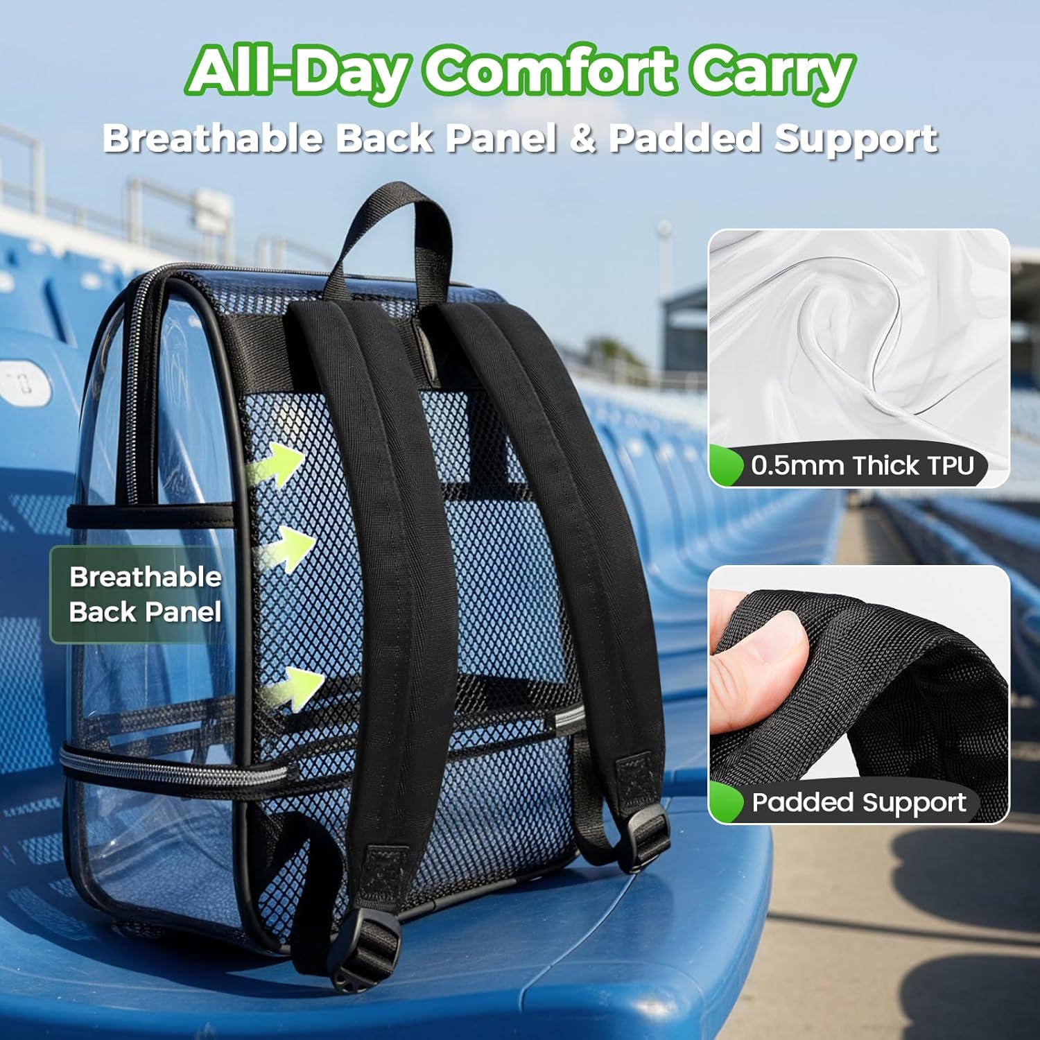 MATEIN CLASSIC TPU Clear Backpack Stadium Approved, Dual-Layer Clear Stadium Bag 12×6×12 with RFID Wristlet Pouch, Thick Transparent Backpack with Insulated Can Sleeves for Game Day Sports Festival