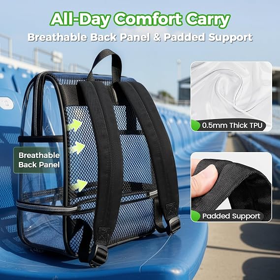 MATEIN CLASSIC TPU Clear Backpack Stadium Approved, Dual-Layer Clear Stadium Bag 12612 with RFID Wristlet Pouch, Thick Transparent Backpack with Insulated Can Sleeves for Game Day Sports Festival