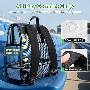 MATEIN CLASSIC TPU Clear Backpack Stadium Approved, Dual-Layer Clear Stadium Bag 12612 with RFID Wristlet Pouch, Thick Transparent Backpack with Insulated Can Sleeves for Game Day Sports Festival