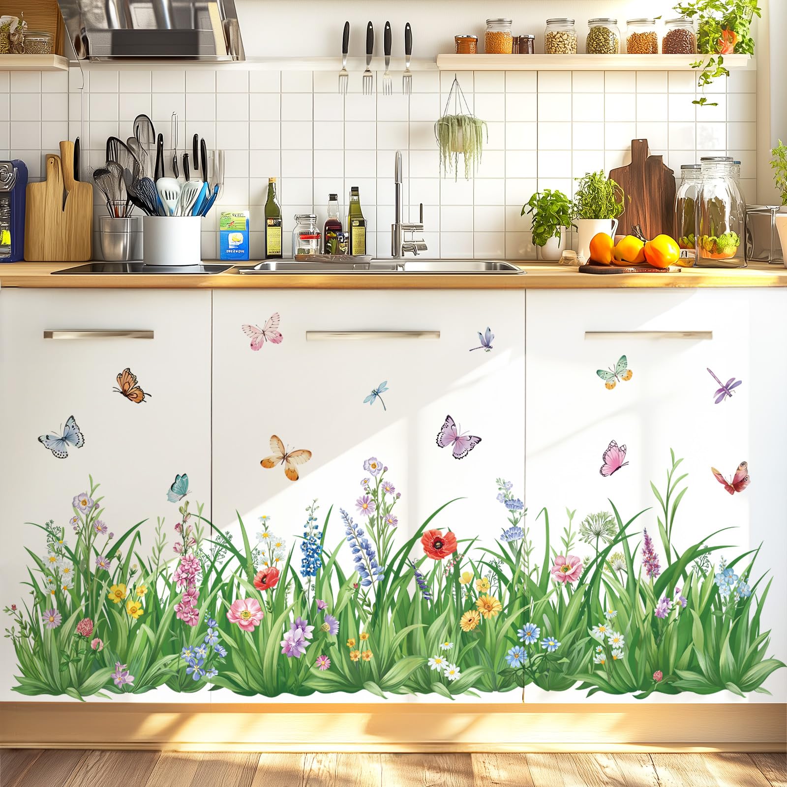 wondever Green Grass Wall Corner Stickers Flowers Butterflies Wildflower Baseboard Skirting Line Wall Decals for Bedroom Living Room - Image 3