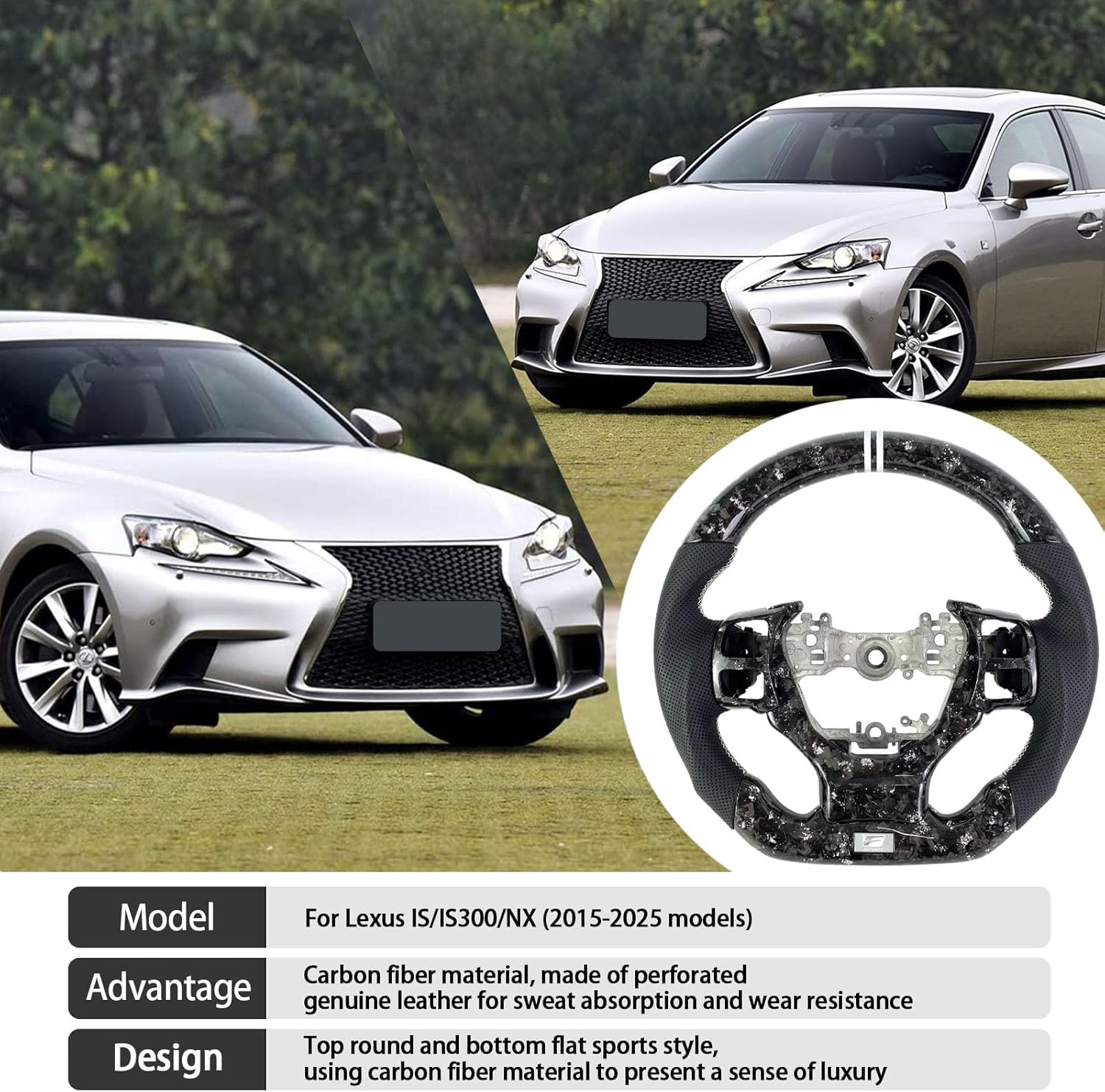 Car steering wheel For Lexus is RCF sport Carbon fiber steering wheel 2014 2015 2016 2017 2018 2019 2020 2021 20222 2023 2024 (Silver forged carbon fiber + perforated leather)