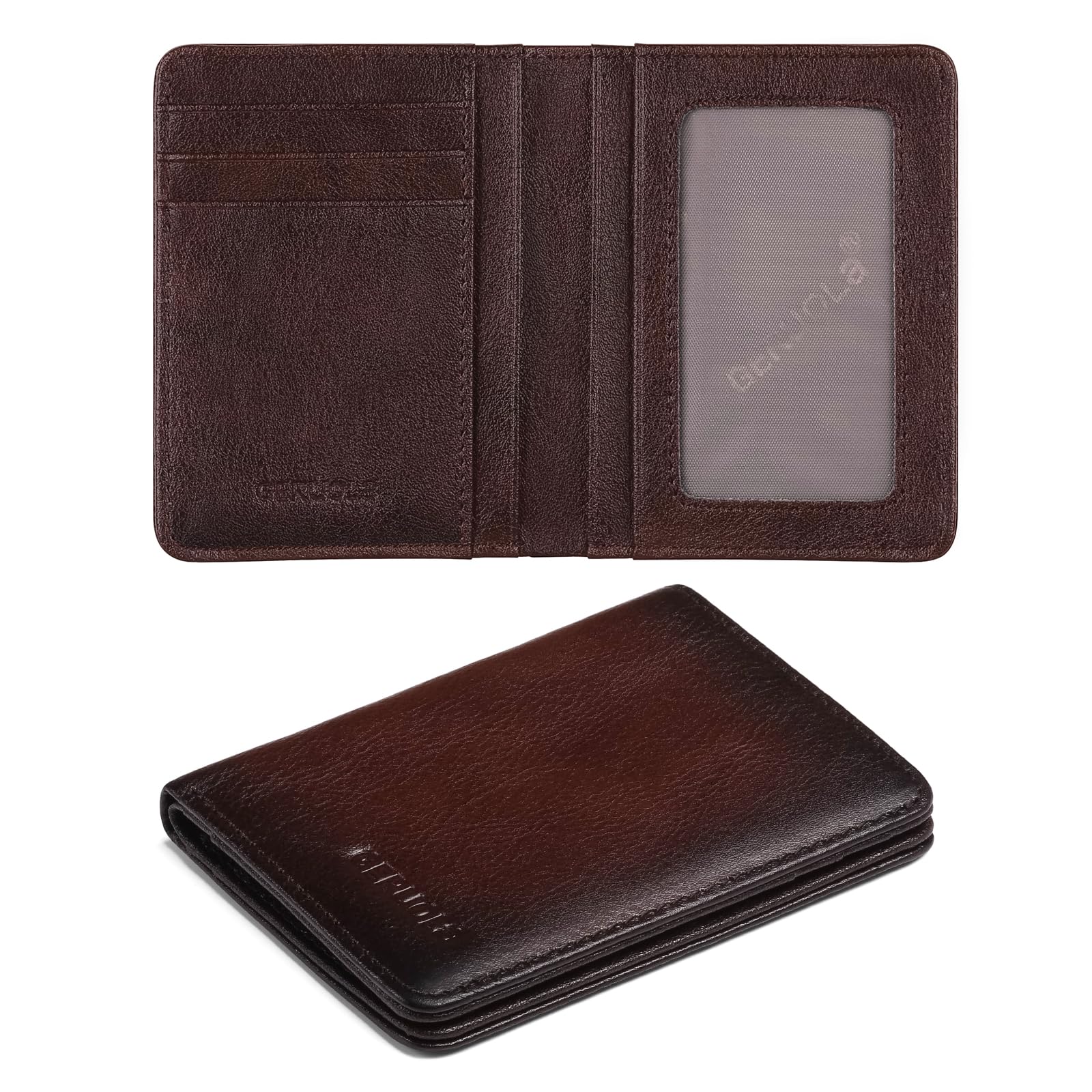 GERUOLA Bifold Slim Men Wallet Genuine Leather Thin, Small Vertical RFID Blocking Wallets for Men ，Compact & Stylish with Clear ID Windows (Coffee)