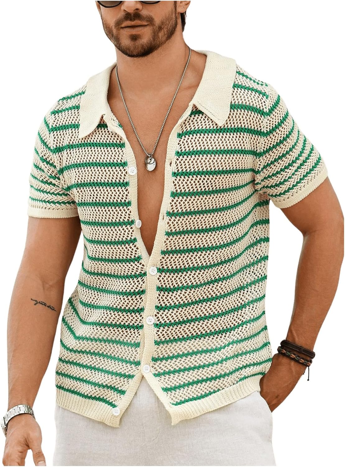 Verdusa Men’s Hollow Out Knit Button Down Short Short Sleeve Striped Crochet Cardigan