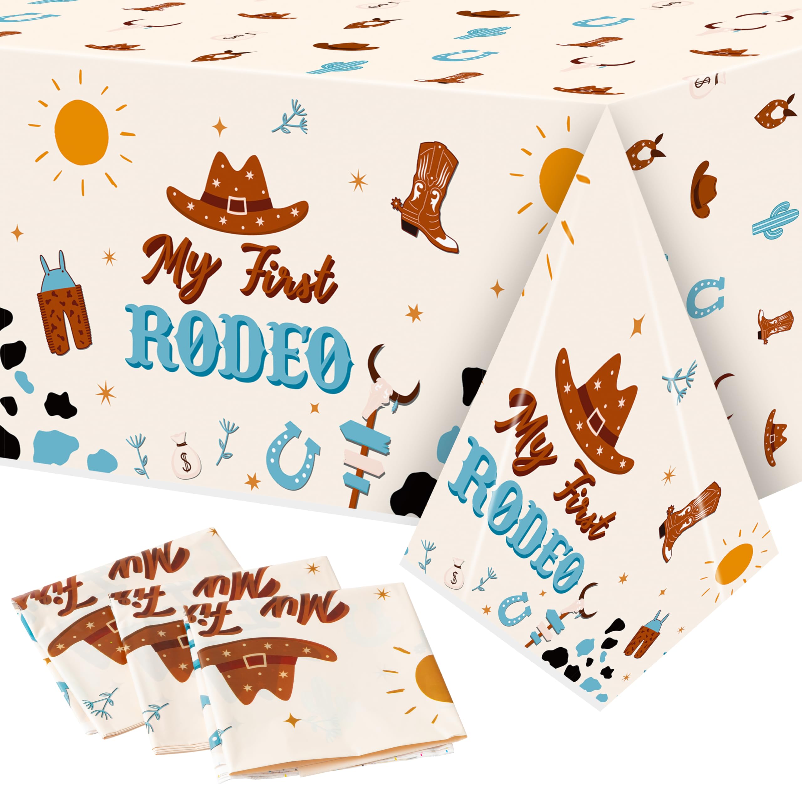 K1tpde 3PCS My First Redeo Birthday Party Tablecloths Western Theme Cowboy Table Covers for Kids Blue Cowboy 1st Plastic Table Cloth for Boy Redeo