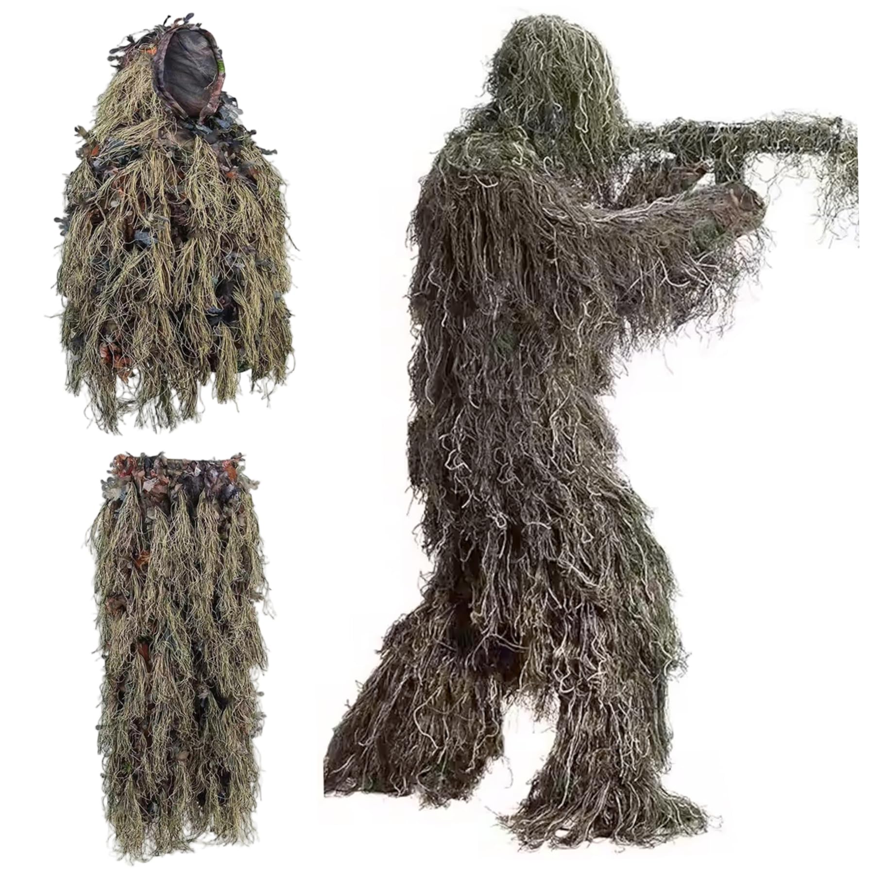 Tuta Ghillie Mimetica Leggera con Foglie, Abbigliamento da Caccia per Uomo, Poncho Ghillie Traspirante per Cacciatori, cecchino, Softair, Paintball, Tuta, Abbigliamento da Caccia Gi