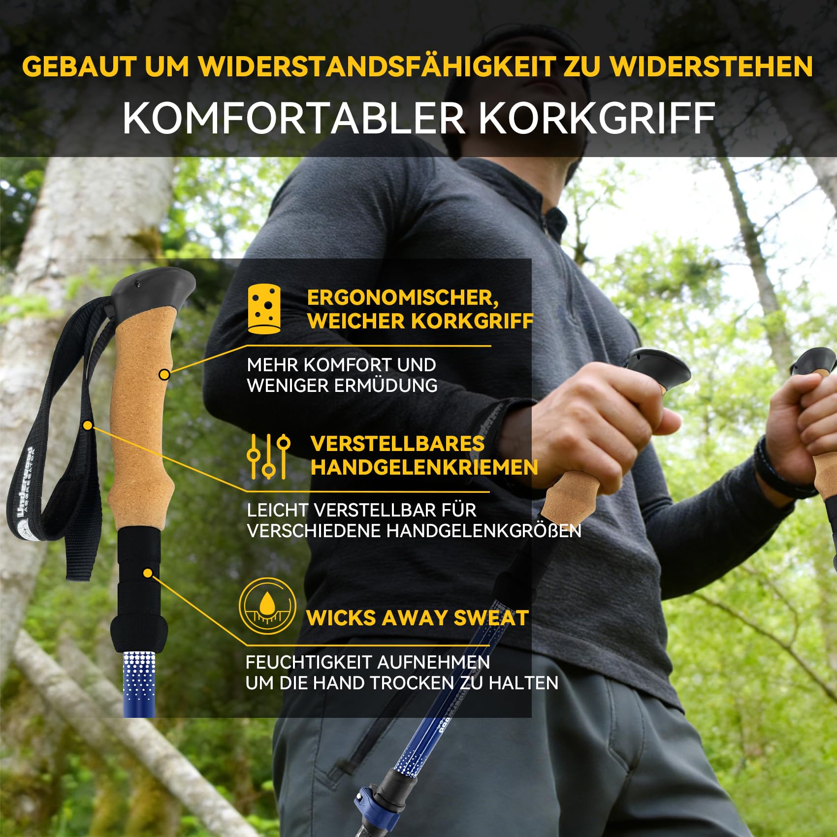 UnderwoodAggregator Carbon Trekkingstöcke – 2 Stück, teleskopierbar, verstellbar, mit Korkgriffen und Schnellverschluss – ideal für Damen, Herren, Rucksackreisen und Trailrunning