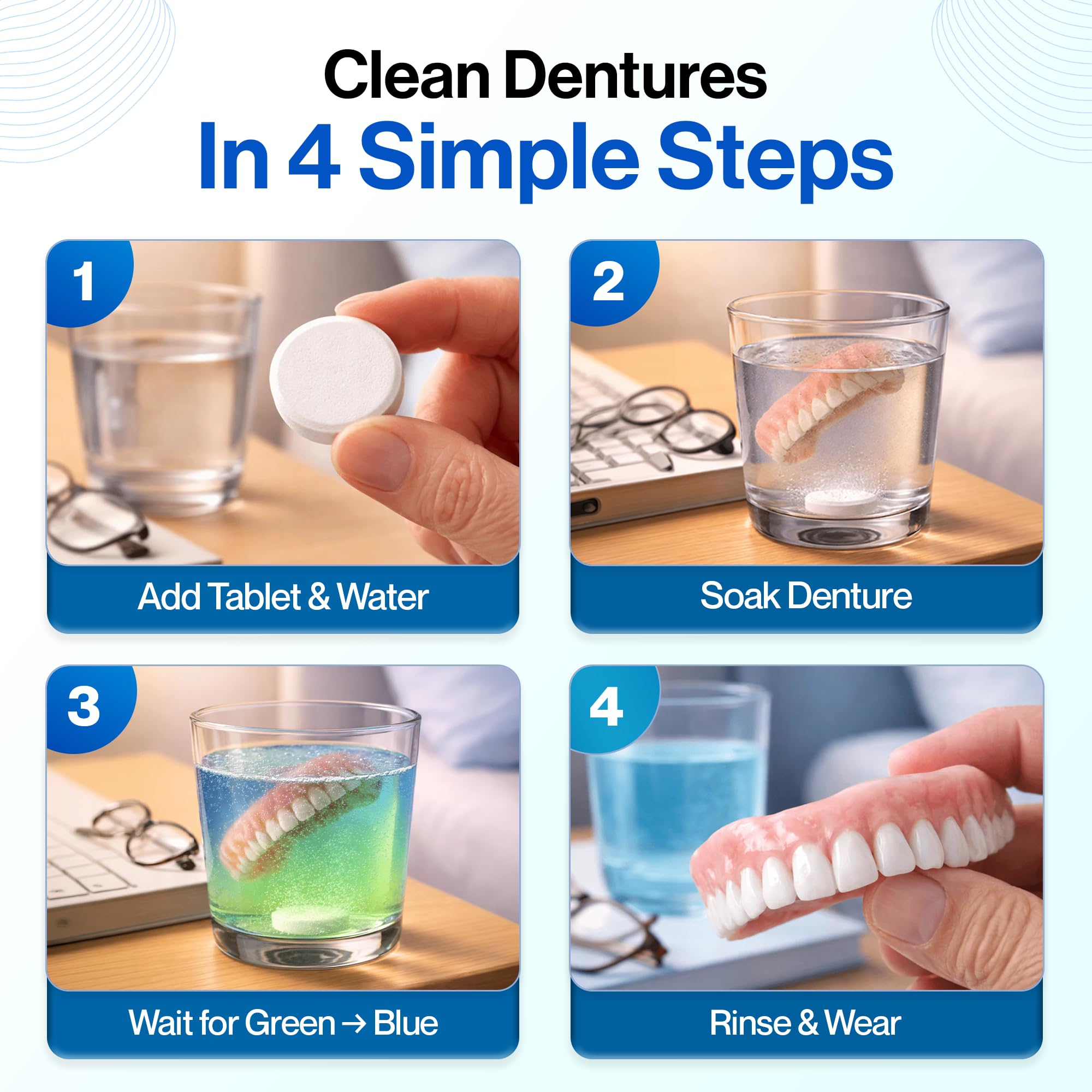 Densive Denture Cleanser Tablets | (90 Denture Tablets) | Antimicrobial Denture Cleaner for Partial & Full Dentures | Color-Changing Technology for Effective Cleaning | 3