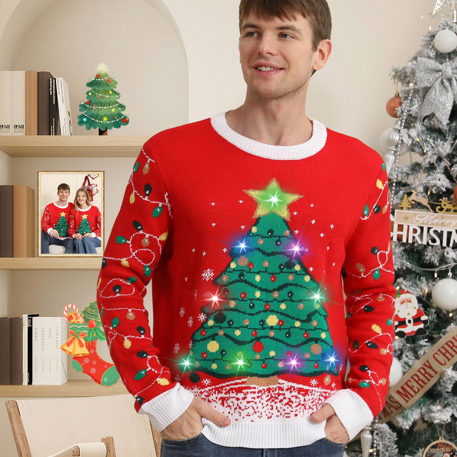 Ugly Christmas Sweater 2024, Maglione Natalizio con Luci, Maglione Natalizio Donna Uomo Divertente Maglione di Natale con luci led, Girocollo Maglioni Natalizi Famiglia Adulti per Coppia/Donna/Uomo