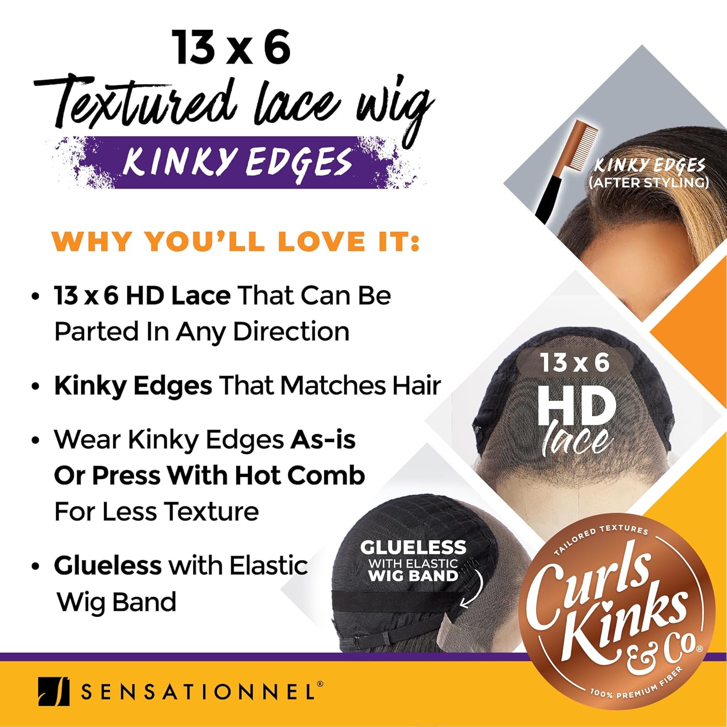 Sensationnel Curls Kinksandco Kinkyedges Wig - Kinky Barrel Curl 14 Inch 13X6 Lace Frontal Natural Kinkytexture Edged Hairline for Natural 3C to 4C Hair Textures (1 JETBLACK)