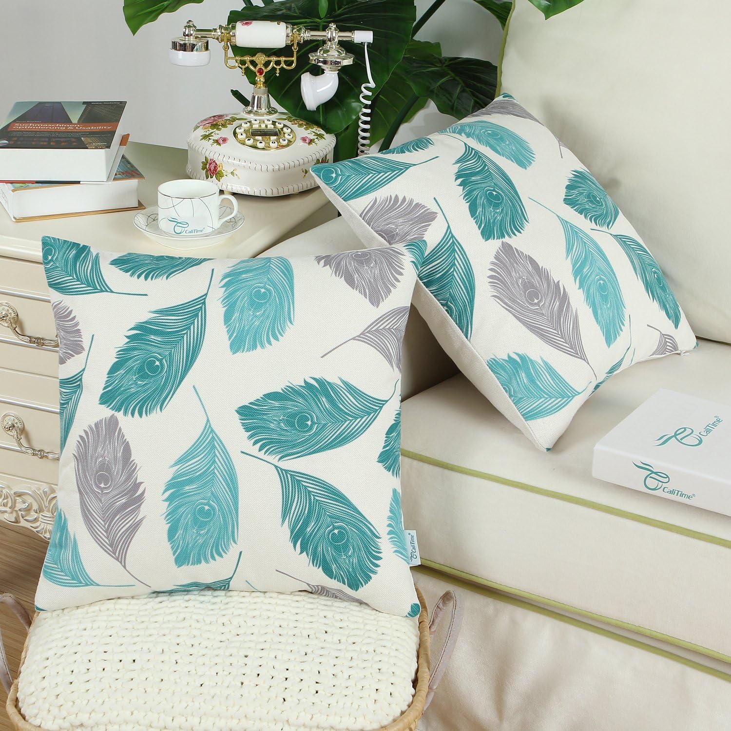 CaliTime Canvas Throw Pillow Cover Case for Couch Sofa Home Decoration Peacock Feathers 16 X 16 Inches Grey Teal Turquoise