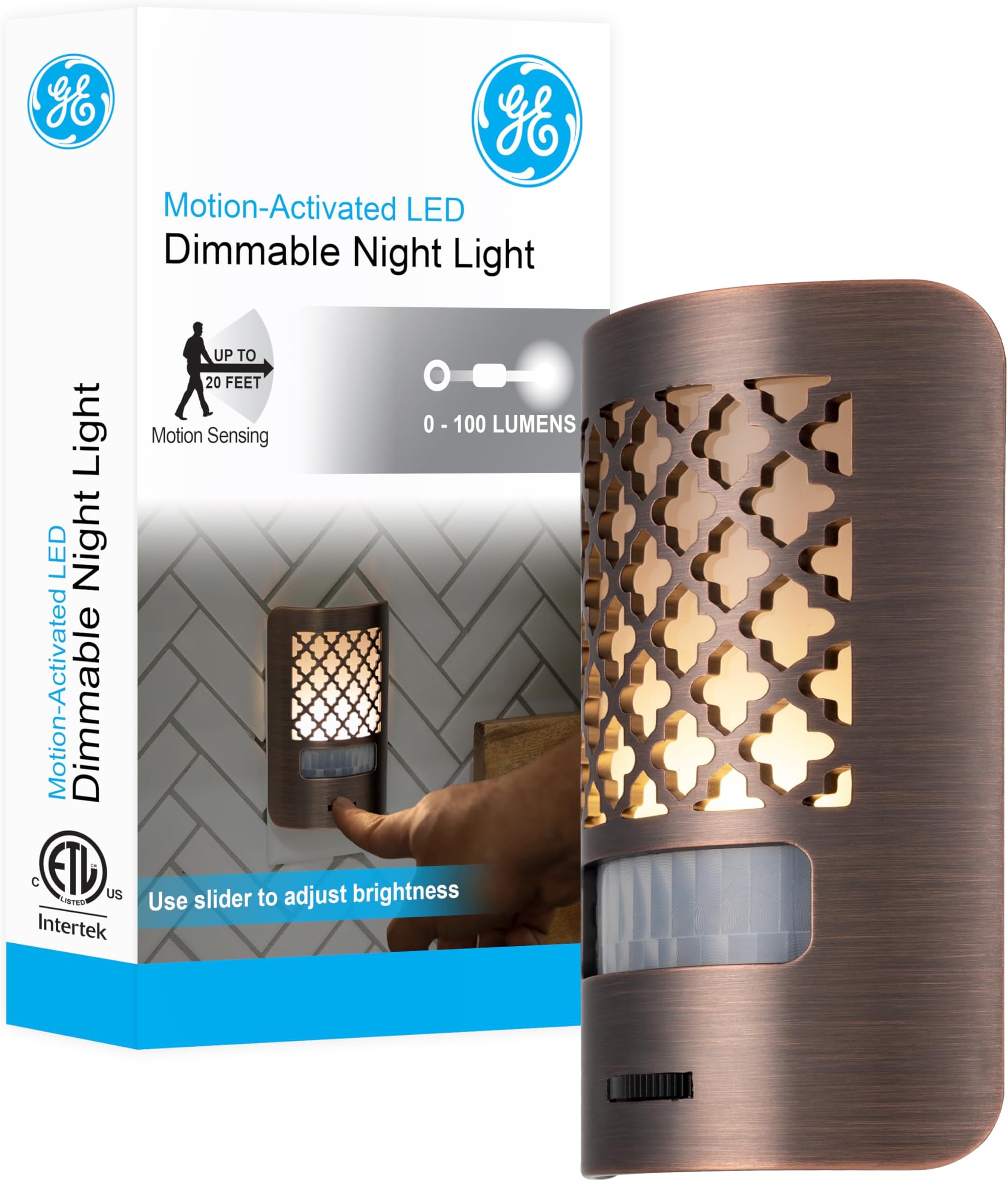 GELED Night Light, Motion Sensing, Dimmable, Moroccan Design, Plug-in, UL-Certified, Ideal Nightlight for Bedroom, Bathroom, Kitchen, Hallway, and More, 67552