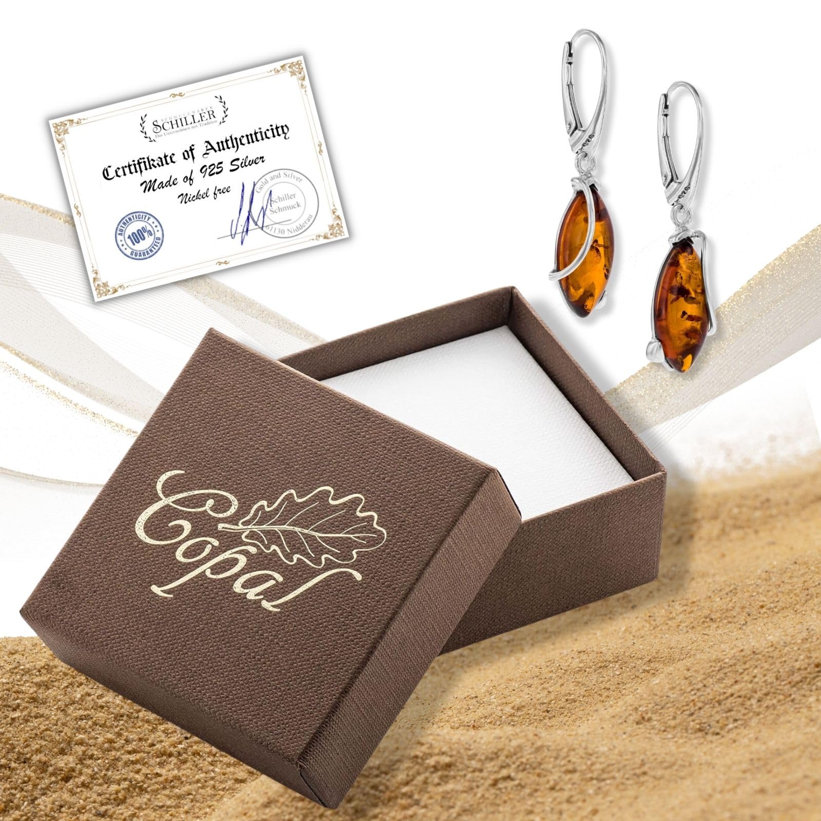 Orecchini Di Ambra A Goccia In Argento Sterling Con Confezione Sostenibile