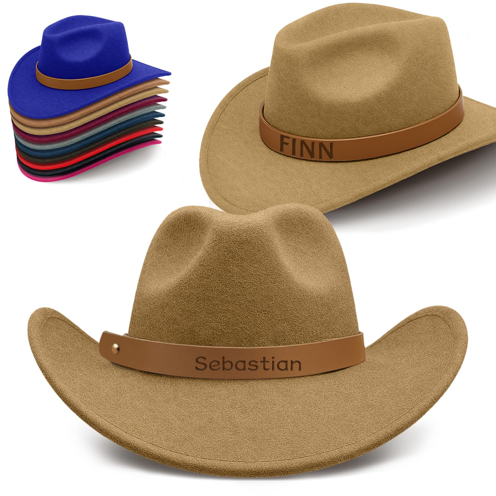 Custom Western Cowboy Hat for Women Men Personalized Wide Brim Western Cowgirl Cap Classic Felt Fedora Panama Hats with Name Hatband Gifts for Kids Boys Girls Khaki