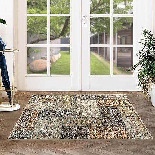 Zacoo Tapete tribal bohemio de 2 x 3 pulgadas, tapete de entrada pequeño, bohemio, antideslizante, lavable, de pelo bajo, para interiores, entrada