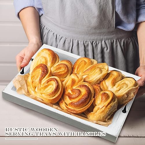 Miniatura 5 de Didaey 3 bandejas de madera rústica con asas, bandejas para servir alimentos de granja, bandejas de madera vintage para servir platos para servir