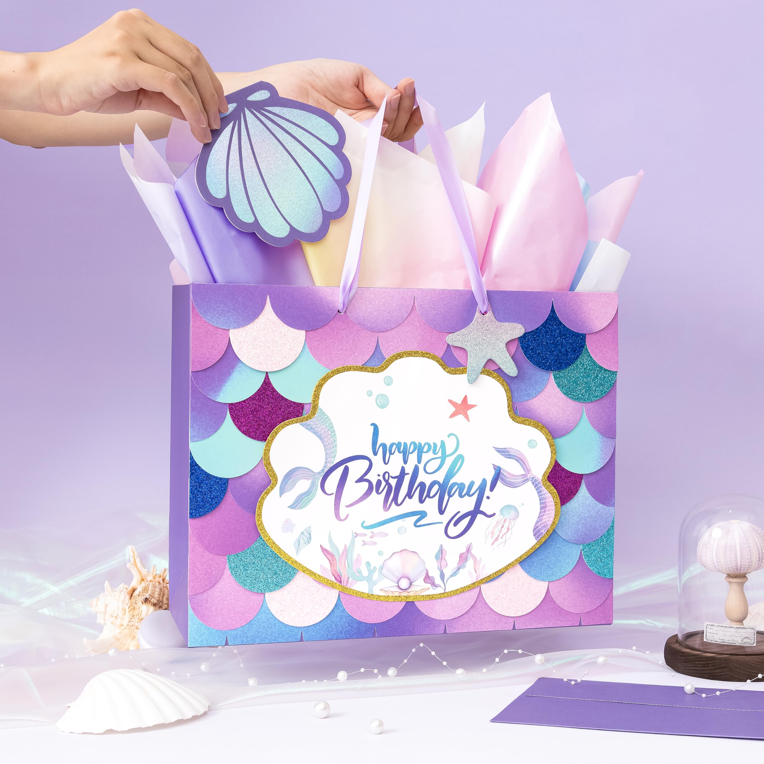 Crisky Mermaid Birthday Gift Bags for Girls with Tissue Paper and Seashell Card - 3 D Bling Design - Mermaid Gift Bag for Kids Women Birthday Decorations Purple Party Supplies Gifts Ideas