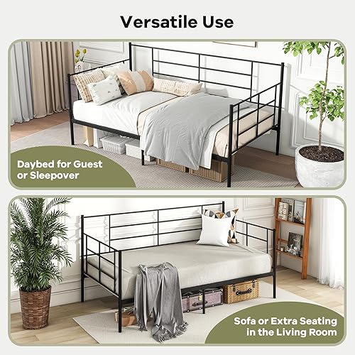 Miniatura 8 de GOFLAME Marco de cama de metal tamaño individual, marco de cama individual con respaldo alto con listones de alta resistencia, cabecero, plataforma