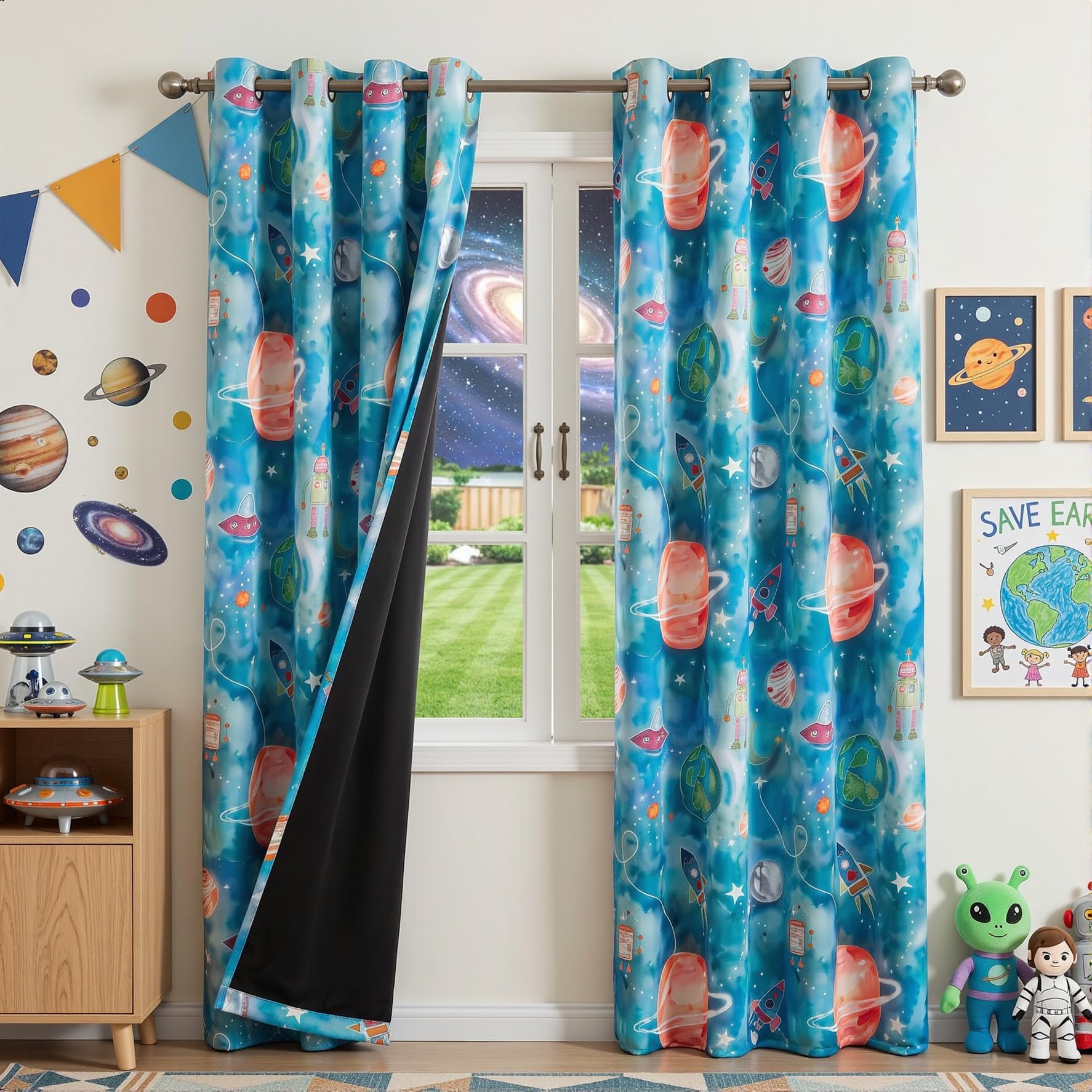 MYSKY HOME Boys Space Themed Blackout Curtains 84 Inches Long 2 Panels