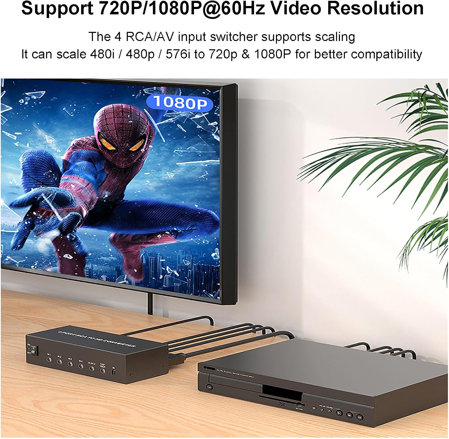 4 Port AV to HDMI Converter 1080P, Fit for RCA/Composite/CVBS to HDMI Converter Adapter, Support 16:9/4:3 Switch, Compatible with Wii N64 PS1 PS2 PS3 VHS VCR DVD Players etc (with Remote)