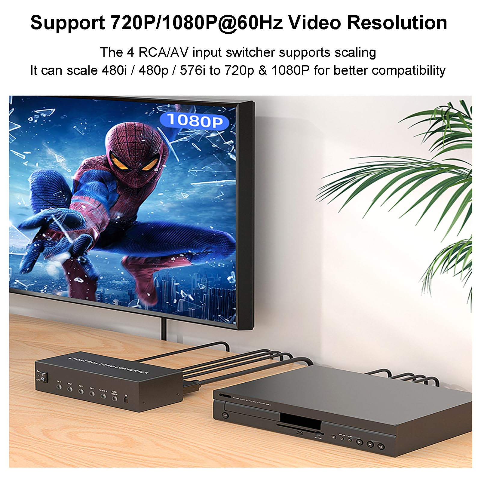 Convertidor AV a HDMI de 4 puertos, adaptador RCA (rojo, amarillo y blanco) a salida HDMI | 4 entradas compuestas, 1 salida HDMI, salida 720P/1080P (60HZ), soporta conmutación 4:3/16:9, con control remoto IR