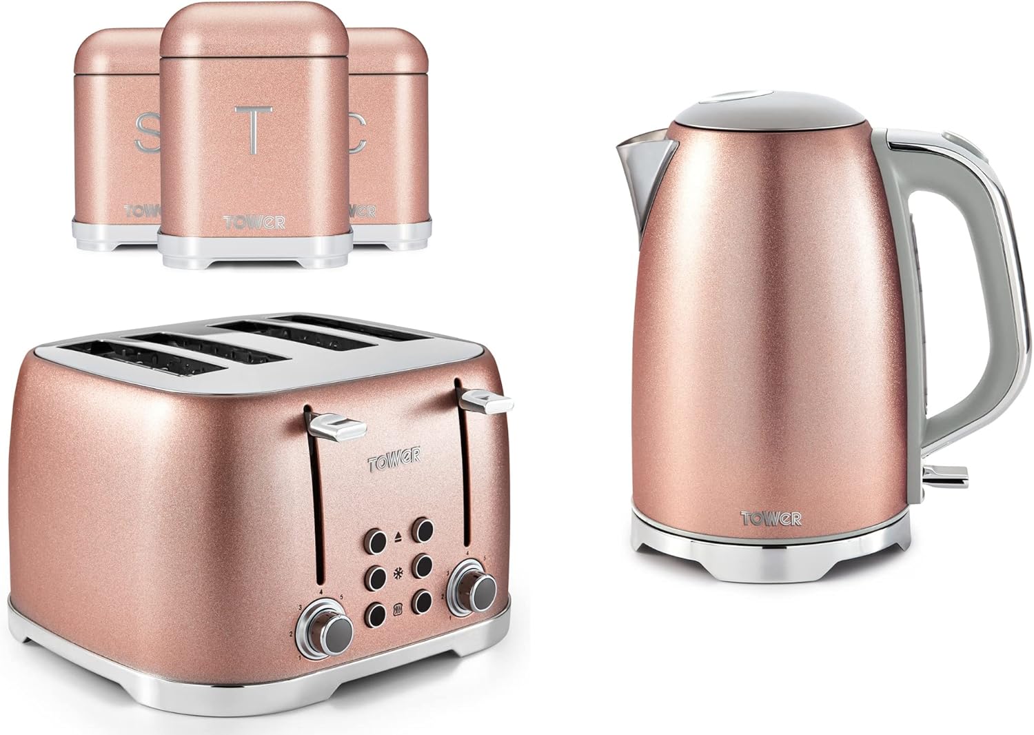 Tower Glitz Pink Jug Kettle, 4 Slice Toaster & Set of 3 Canisters