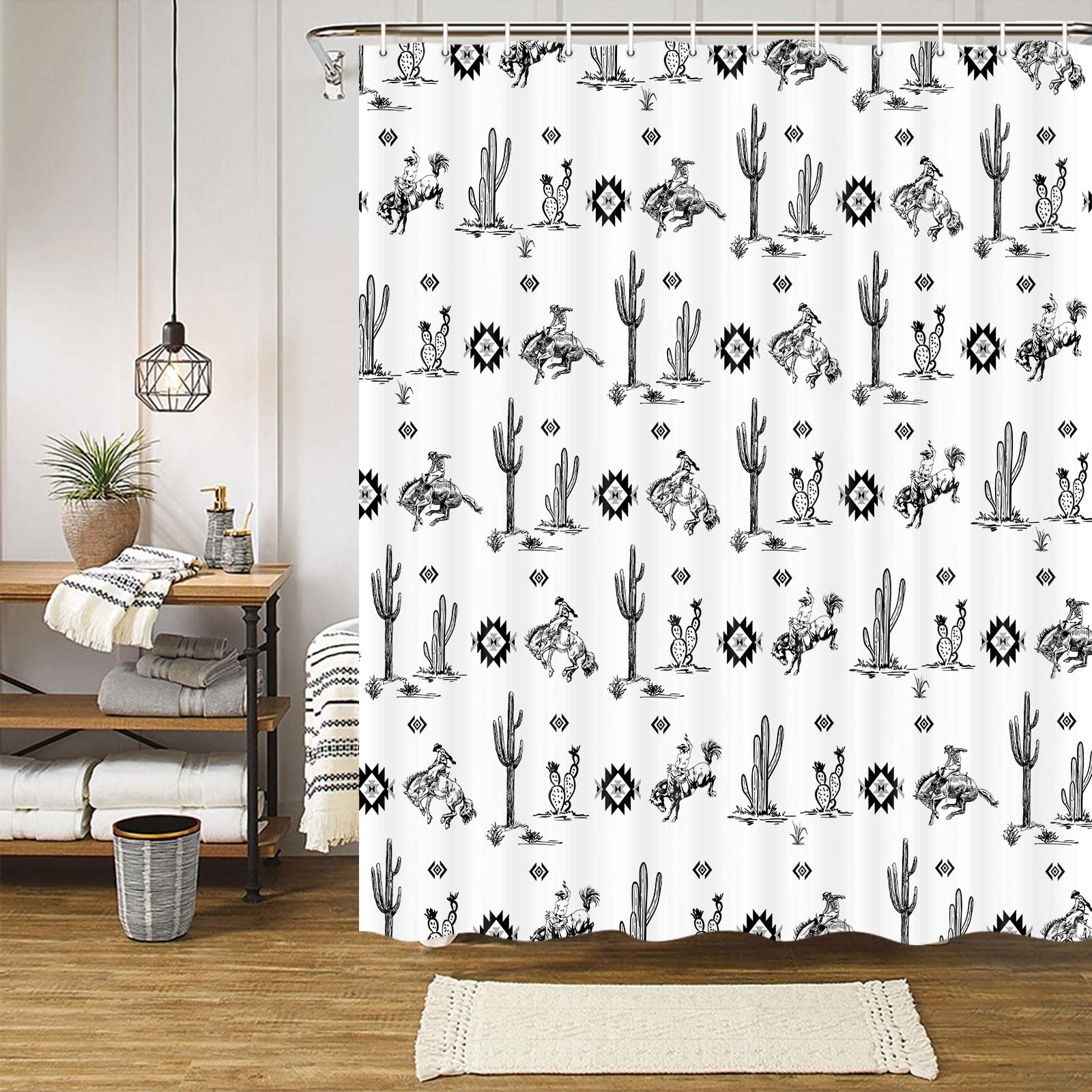 Wathon Western Cowboy Shower Curtain with Cactus Landscape, American Wild West Cowboy on Horse in Desert Bath Curtain Aztec Tribal Navajo Southwestern