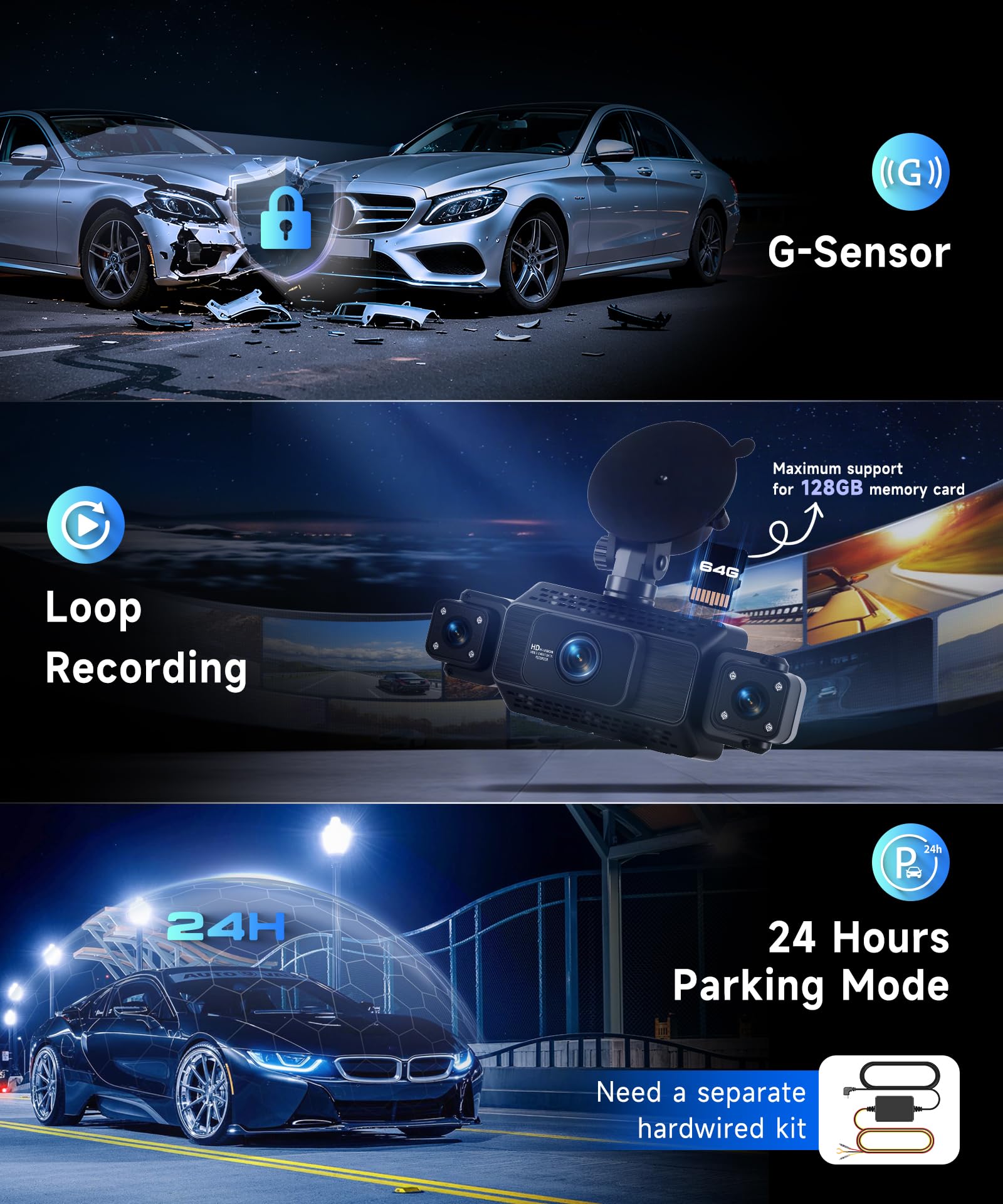 VECHTEL 2K Dashcam per auto anteriore e posteriore con WiFi, 4* Dash Cam 480P Telecamera per auto con schermo IPS da 3 pollici,visione notturna,sensore G,protezione a 360 gradi,con 64 GB