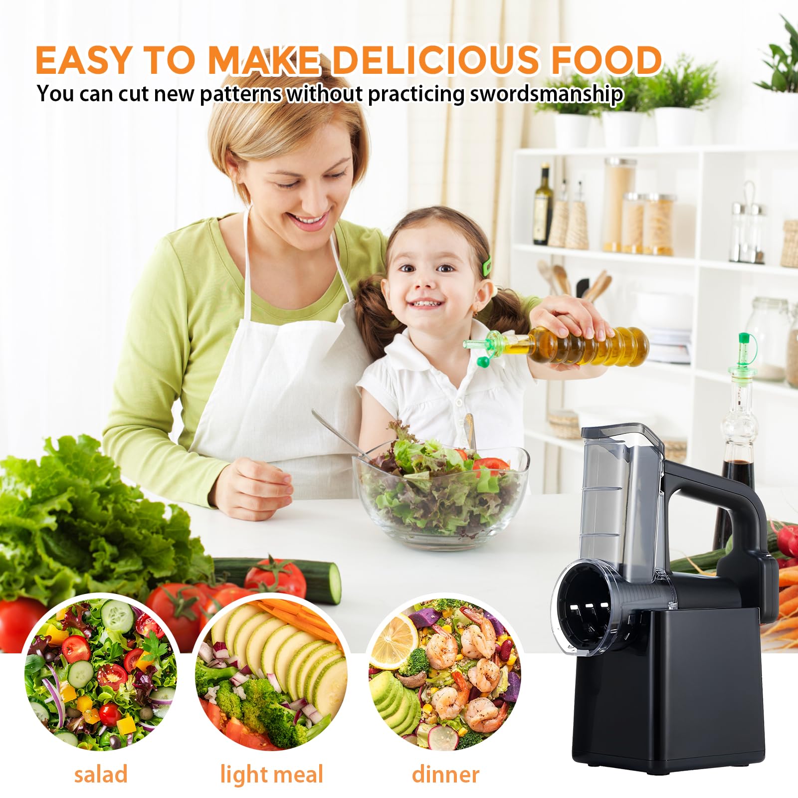 Cortador Eléctrico de Verduras,Máquina de Ensalada Eléctrica,Rallador Eléctrico de Verduras y Fruta,Rallador Multiple,Para Queso, Patatas, con Múltiples Cuchillas Ajustables, acero Inoxidable.