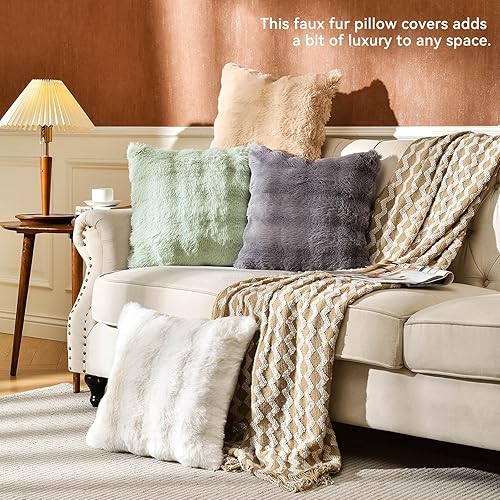 Miniatura 6 de AmHoo Juego de 2 fundas de almohada de piel sintética densa de conejo en 3D, acogedoras y supersuaves, para sofá, dormitorio, 18 x 18 pulgadas,