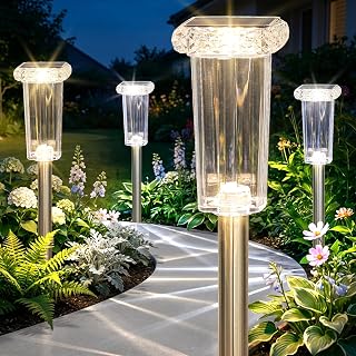 10 Color Solar Lights Outdoor Waterproof LED Pathway Lights 8 Pack | Stainless Steel Garden Lights for Outside Yard Walkway Driveway Landscape Path Decor, 3000K/4000K/6000K Fix Color Changing