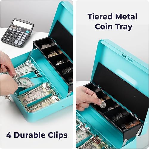 Miniatura 4 de Caja de efectivo con cerradura de llave, bandeja de monedas de acero con tapa y ranuras para billetes, caja fuerte compacta portátil  4 llaves  Caja