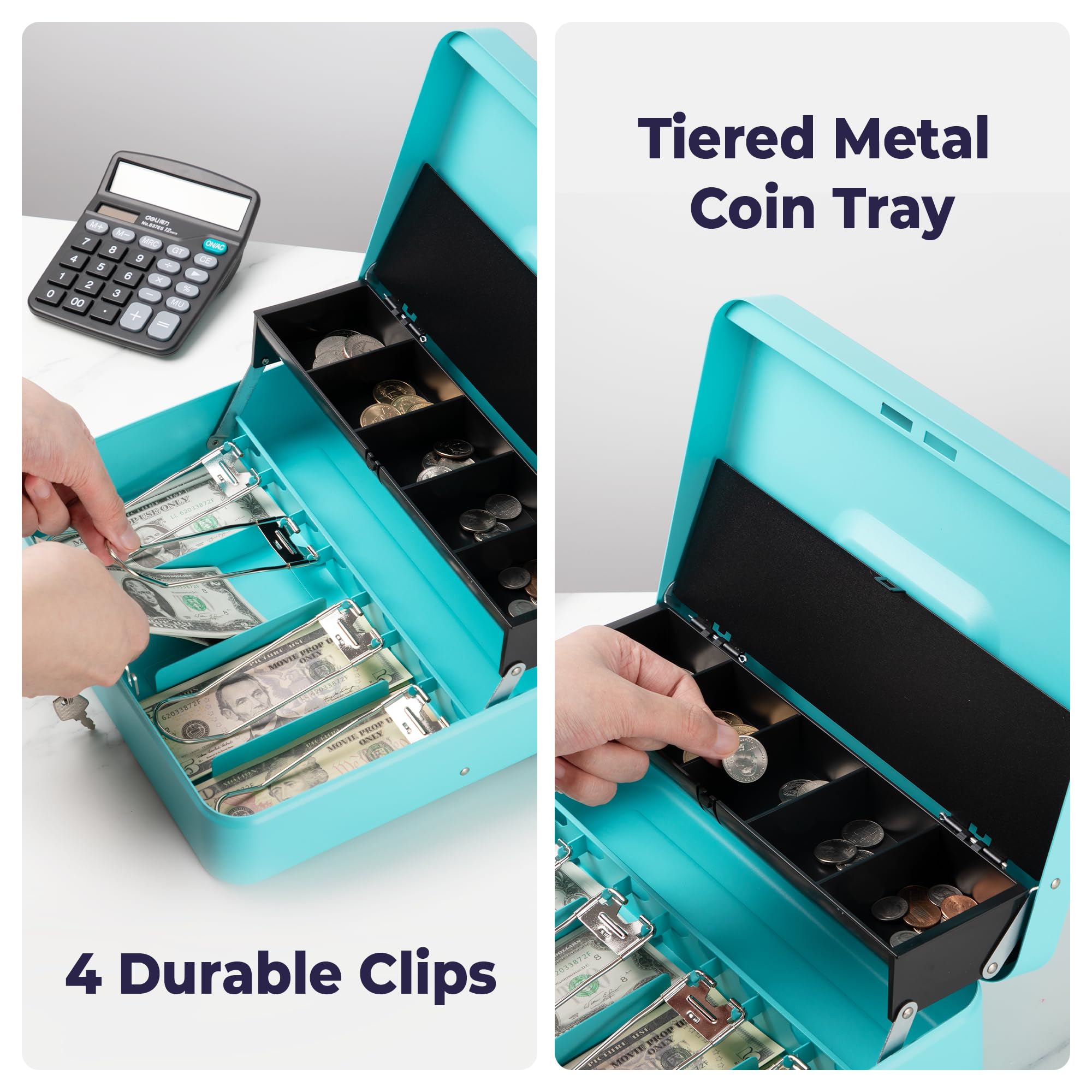 Cassetta contanti con serratura a chiave - Portamonete a più livelli in acciaio con coperchio e slot per banconote | Portatile Compact Safe | 4 chiavi | Scatola portaoggetti in metallo ciano per