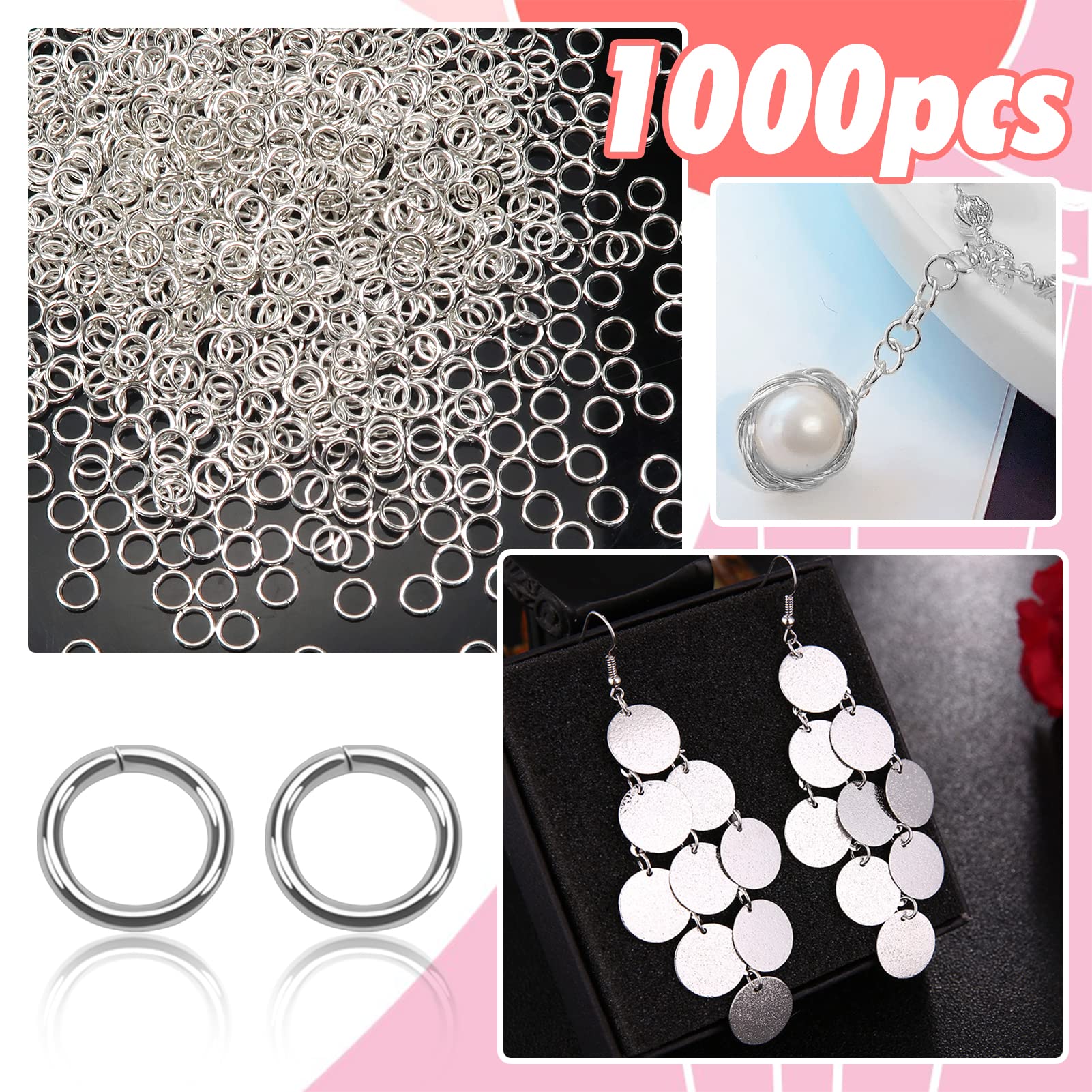 JZK Set 1000 PCS 6mm anelli aperti argento per bigiotteria fai da te, anellini aperti per orecchini fai da te kit per creazione di gioielli di Braccialetti collane Portachiavi