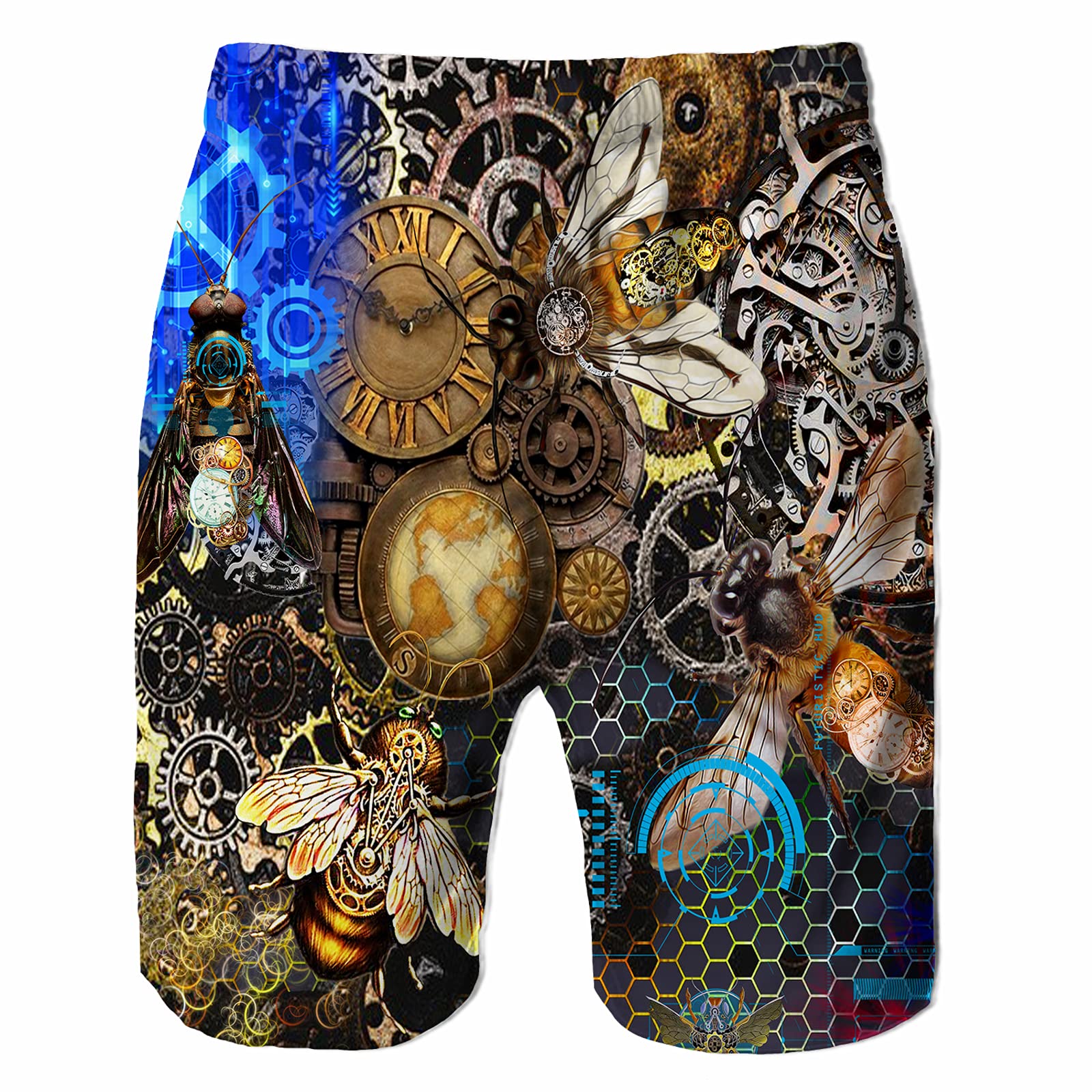 UOER Mens Swim Trunks Mechanical Bee Vintage Quick Dry Beach Shorts with Mesh Lining Pockets Swimwear