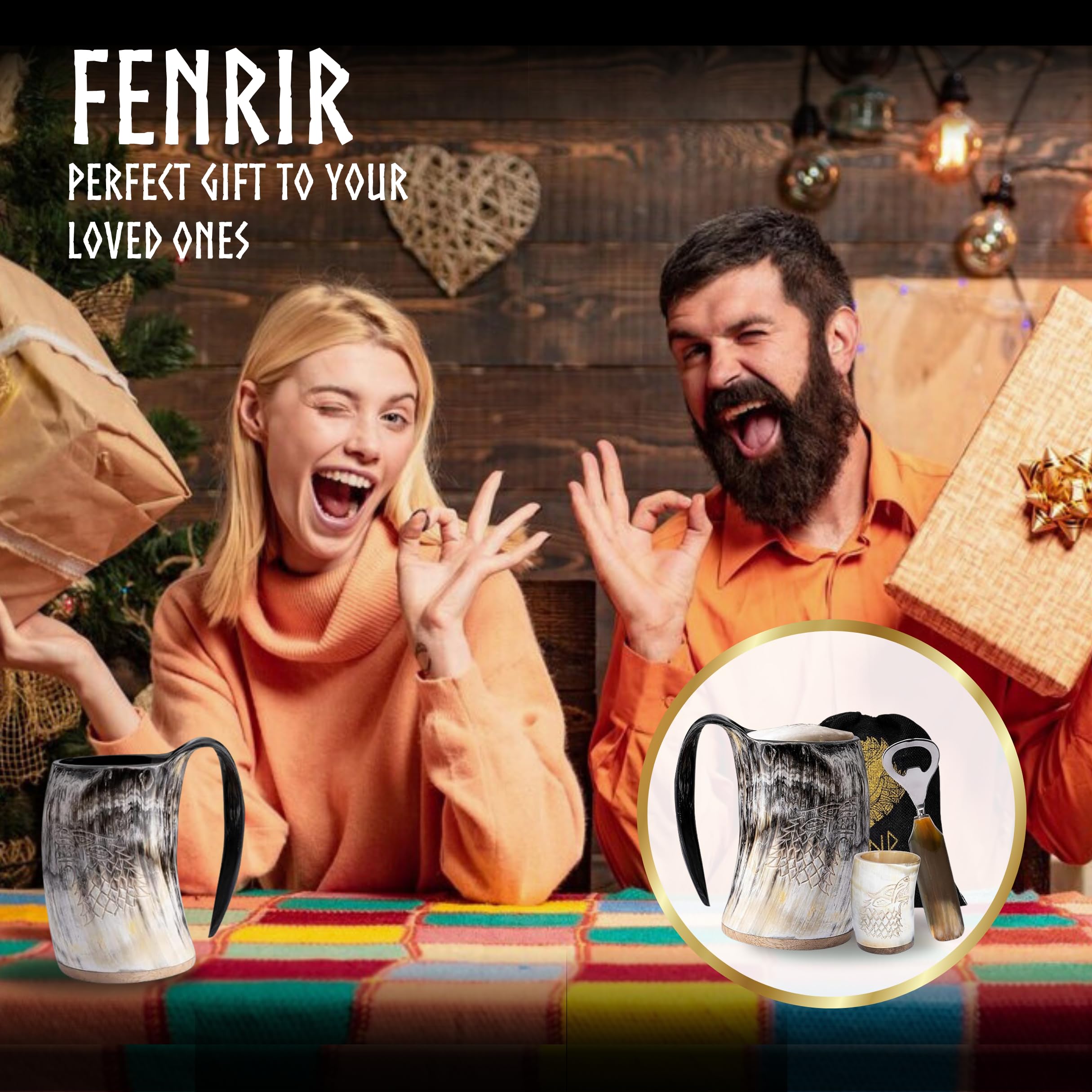 Fenrir Tasse en corne de Viking de 453,6 g avec verre à shot et ouvre-bouteille pour bière et boisson froide – Excellente idée de cadeau de Noël