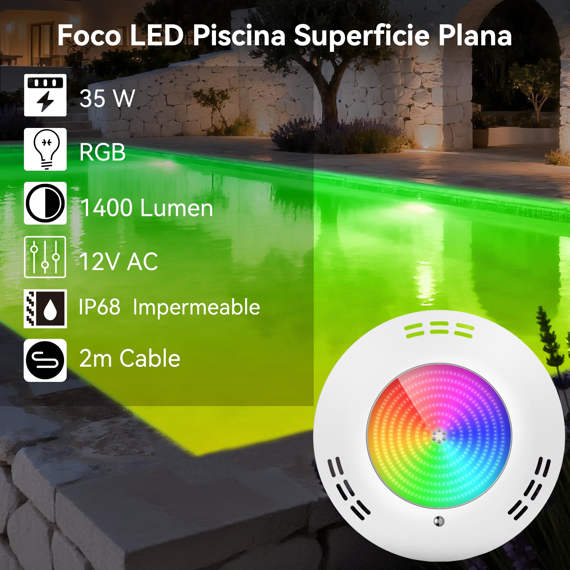 LyLmLe Foco LED Piscina Relleno de Resin, 35W Luces LED Piscina Lámpara Regulable Sincronización Multicolor RGB para Superficie extraplano, IP68 Impermeable,12V AC(No incluye unidades de control)