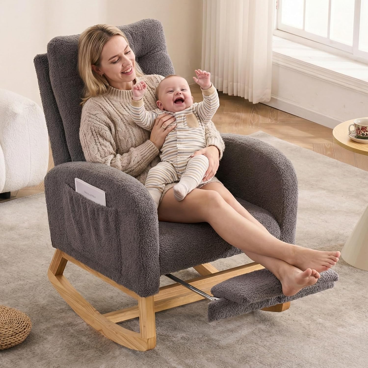 NIOIIKIT Nursery Rocking Chair, Linen Upholstered Glider Chair with Footrest, Tufted Rocker Recliner with Side Pocket, Comfy Recliner Glider, Accent Chair for Living Room (Gray Teddy)