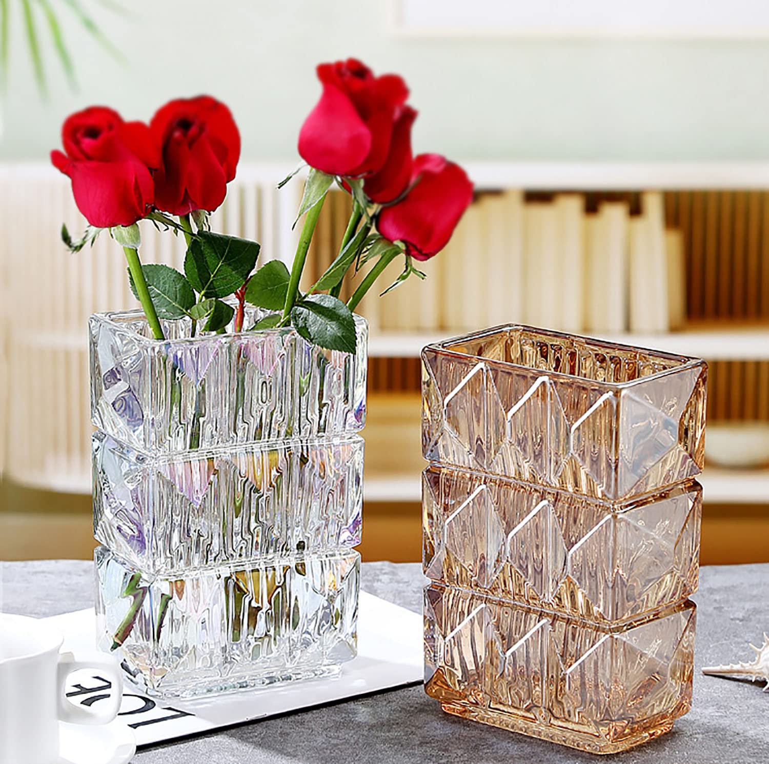 Amastesay Amber Glass Vases,Heavy Duty Crystal Vases for Centerpieces,7.88 Inches Flower Vases for Decoration,Can't be Knocked Over Easily