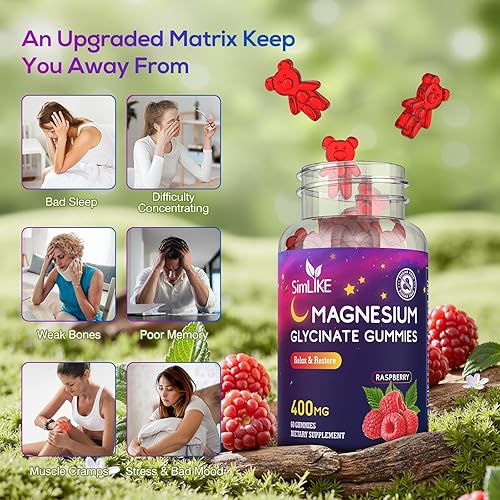 Miniatura 6 de Gomitas de glicinato de magnesio de 400 mg, gomitas de magnesio de alta absorción con L-teanina, Ashwagandha y GABA para relajación, alivio del