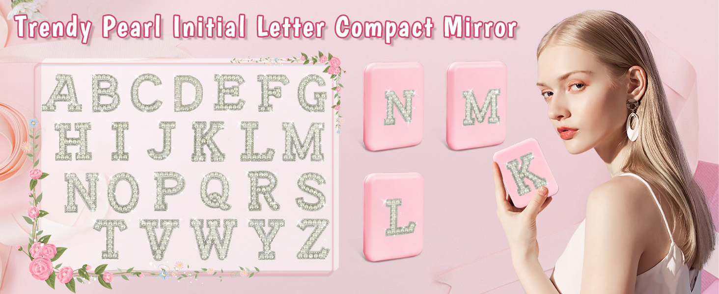 Preppy Birthday Gifts for 6 7 8 9 10 11 12 13 Year Old Girls, Cute Pearl Initial Compact Mirror with Lights Pink Small LED Pocket Makeup Mirror Teen Girls Trendy Stuff Travel Essentials (E)