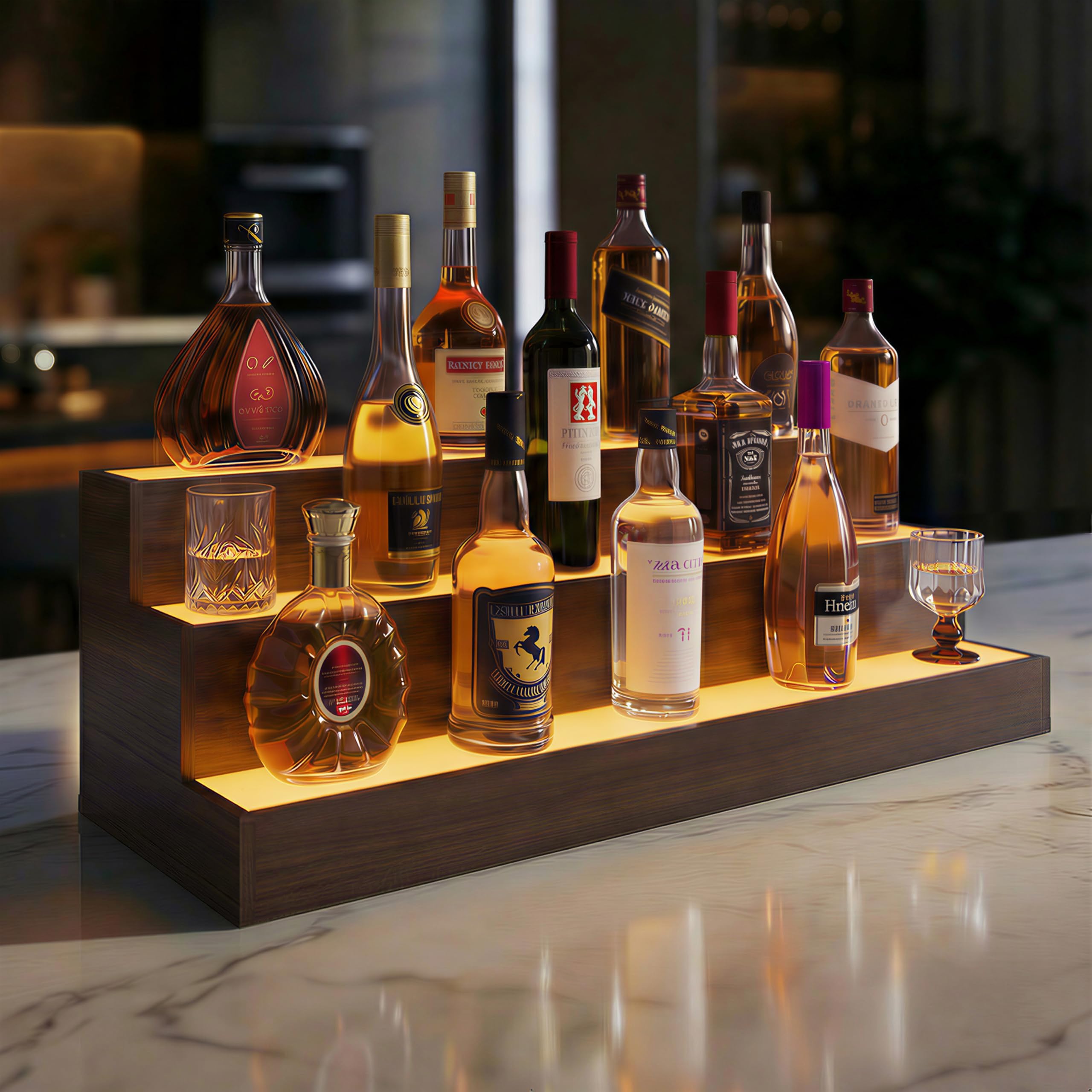 Cubehom LED 38 Inch Bar Display Shelf, Wine Rack Bottle Shelf with App & Remote Control, 3 Step Freestanding Holding Bottles for Home Bar, Party, Walnut