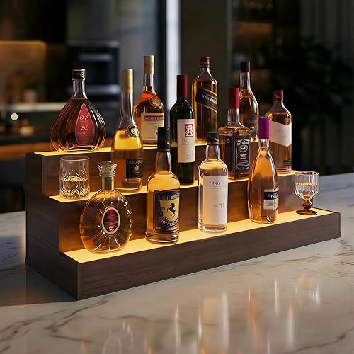 Estante de exhibición de barra LED de 38 pulgadas, estante para botellas de vino con aplicación y control remoto, botellas de sujeción Nogal