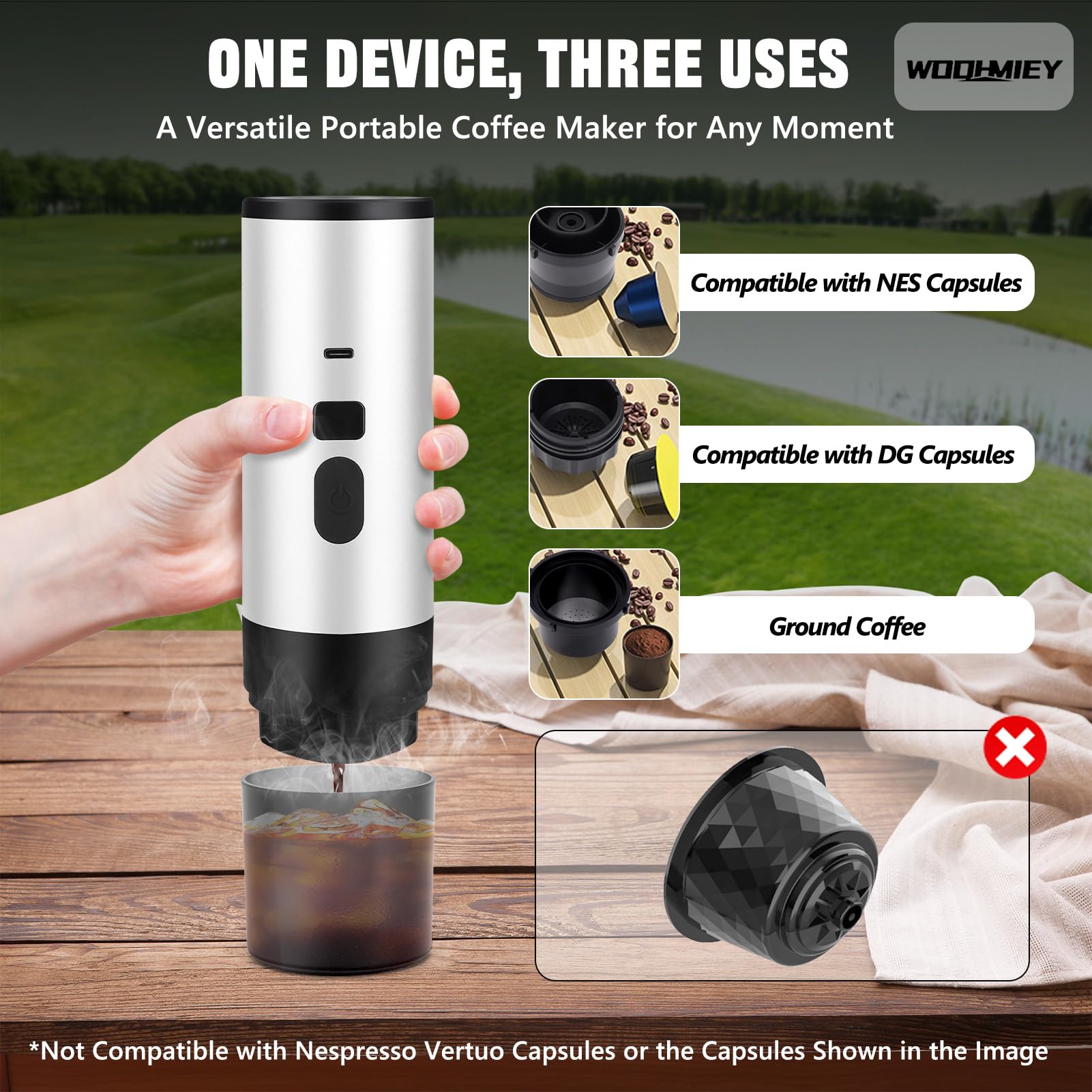 Cafetera eléctrica portátil de cápsulas con autocalentamiento y Pantalla, Recargable, 7800 mAh, Compatible con cápsulas Dolce Gustos y café molido, Ideal para Viajes, Oficina y Hog