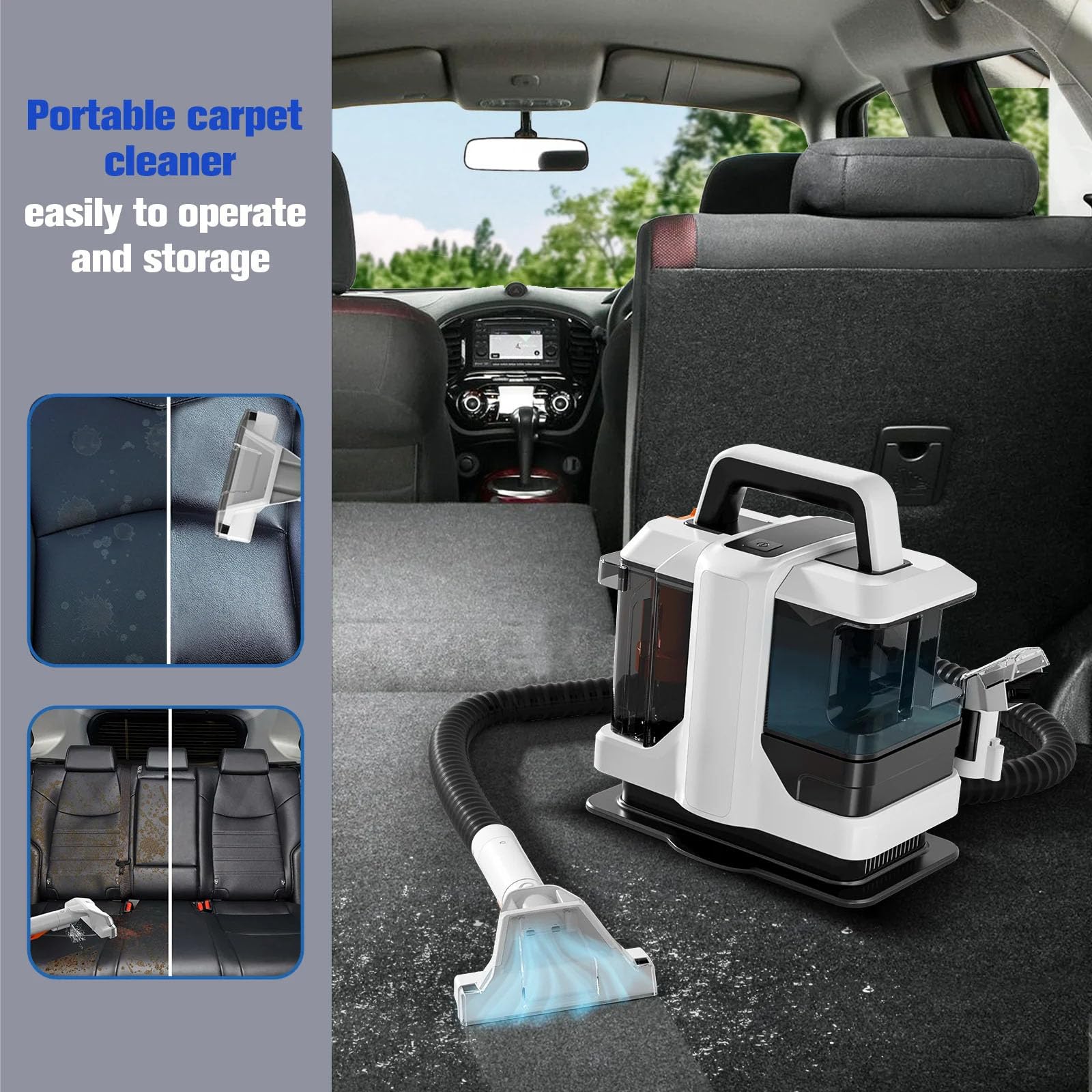 Nettoyeur de tapis portable avec double réservoir d'eau et têtes de brosse pour enlever les taches profondes sur les tapis, canapés et sièges de voiture