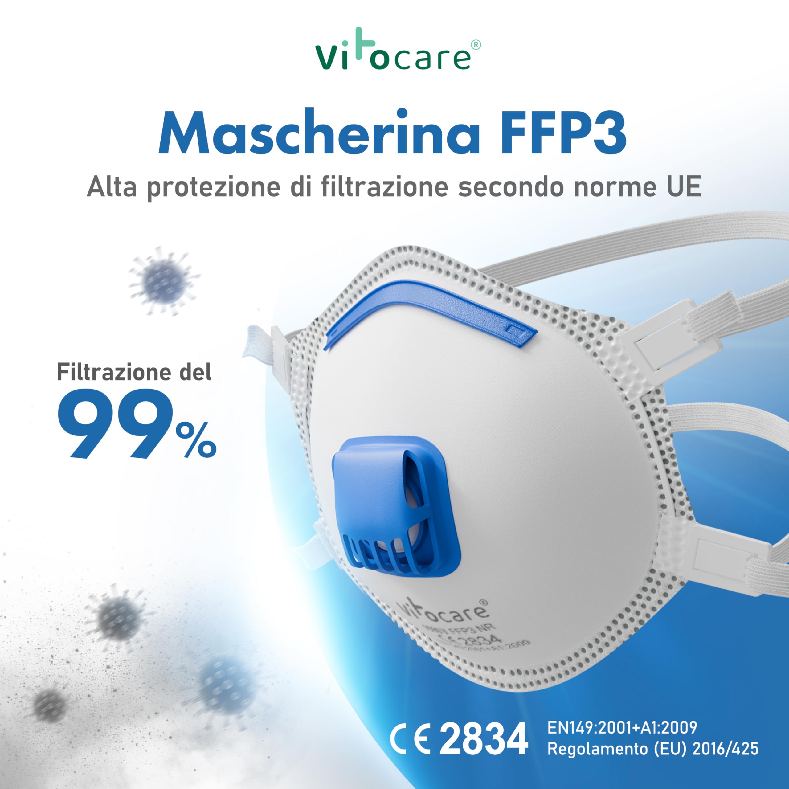 Maschera FFP3 con valvola, selezionabile 5x, 10x o 20x con nasello regolabile, forma ergonomica, microfiltro aerosol, respiratori