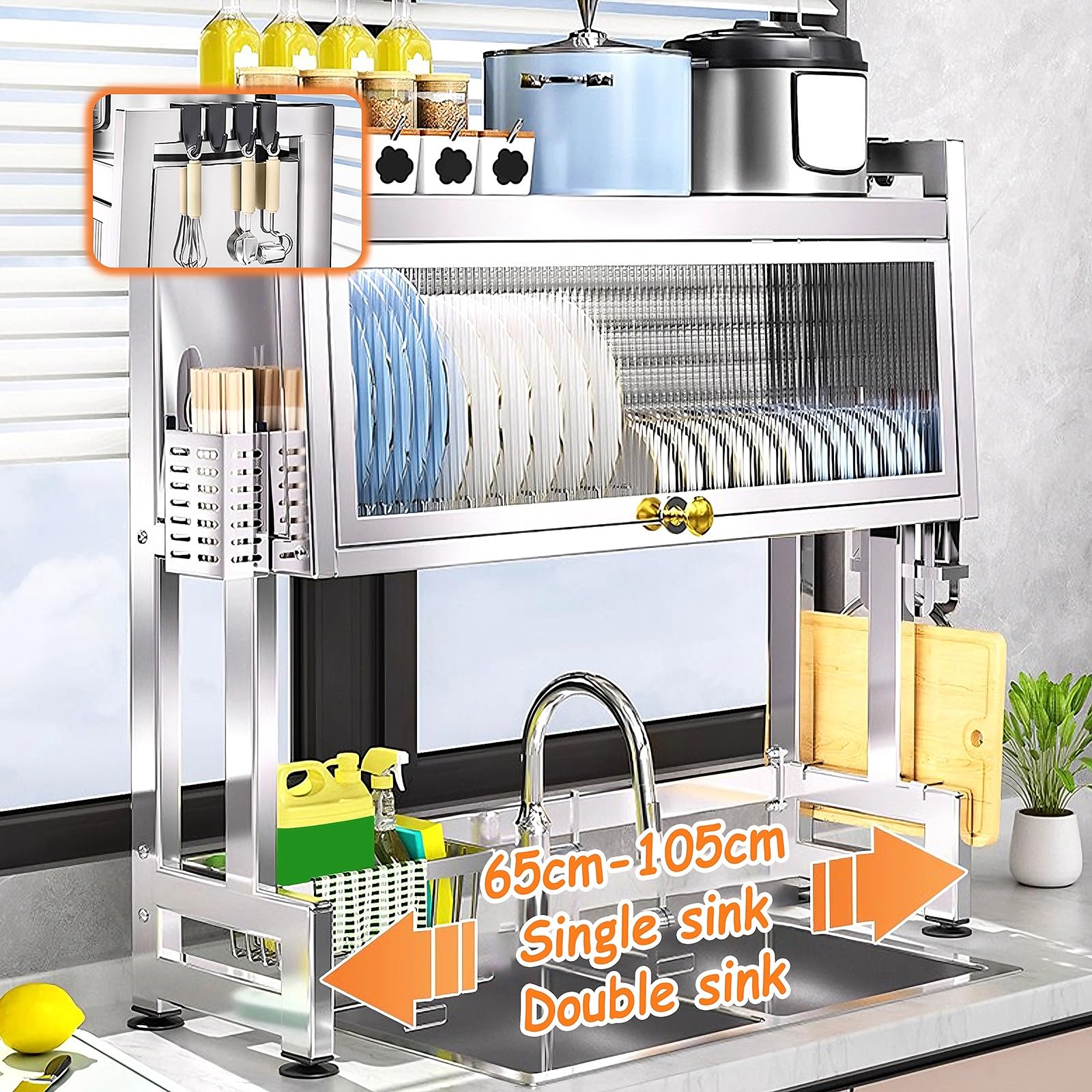 Abtropfgestell mit 2 Ablagen Über der Spüle Spülbecken Organizer Edelstahl Schmal mit Tür und Saugnapffüßen Küchenorganizer Spüle Organizer für Einzel und Doppelspülen(75 * 27.5 * 79.5cm)